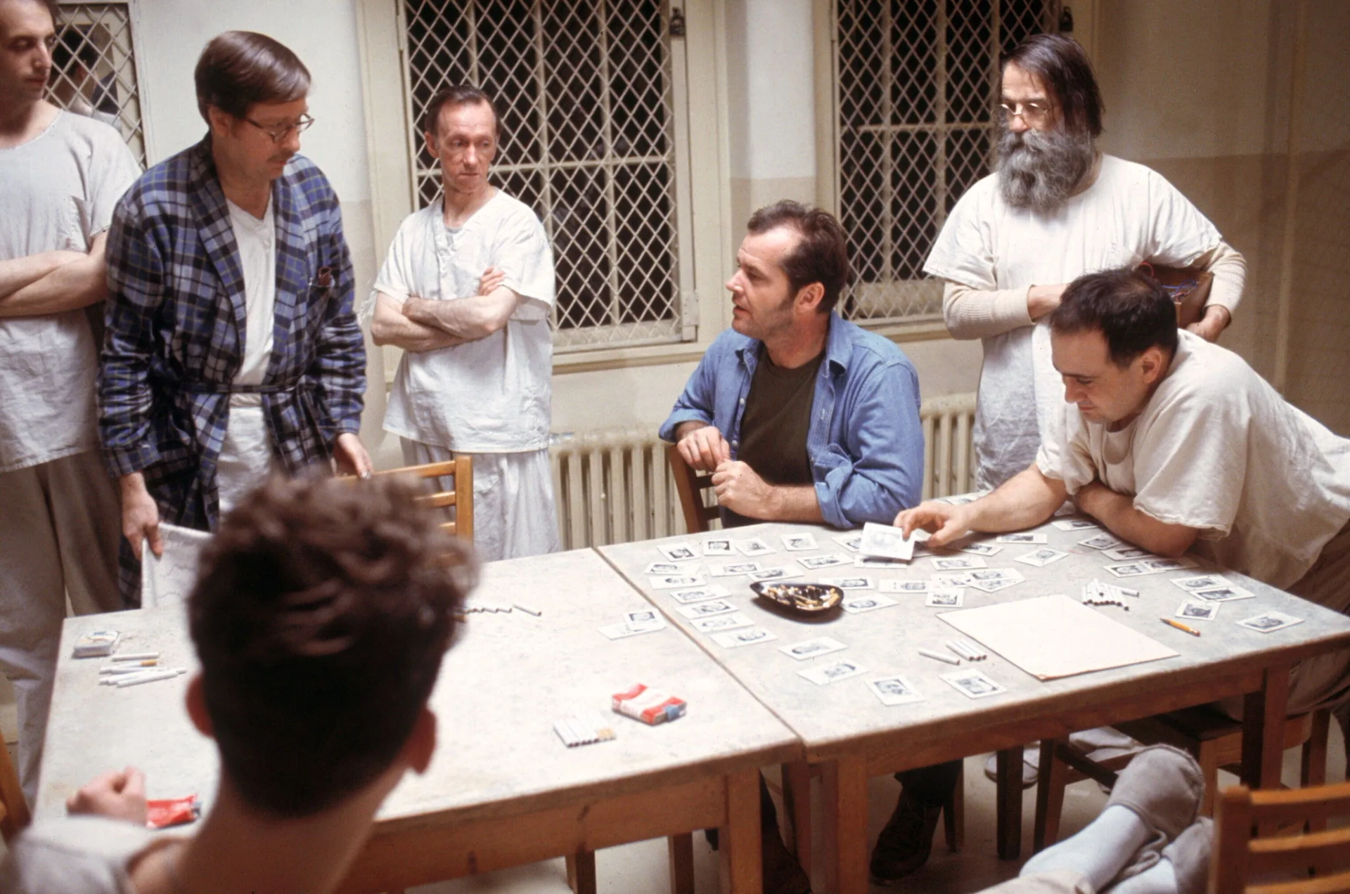 Jack Nicholson, Danny DeVito, Brad Dourif, Vincent Schiavelli, William Duell, William Redfield, and Delos V. Smith Jr. in One Flew Over the Cuckoo's Nest (1975)