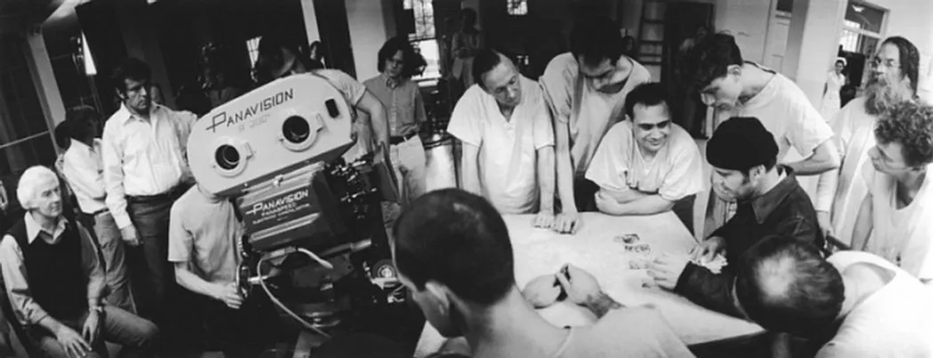 Jack Nicholson, Danny DeVito, Brad Dourif, Christopher Lloyd, Milos Forman, Vincent Schiavelli, William Duell, and Delos V. Smith Jr. in One Flew Over the Cuckoo's Nest (1975)