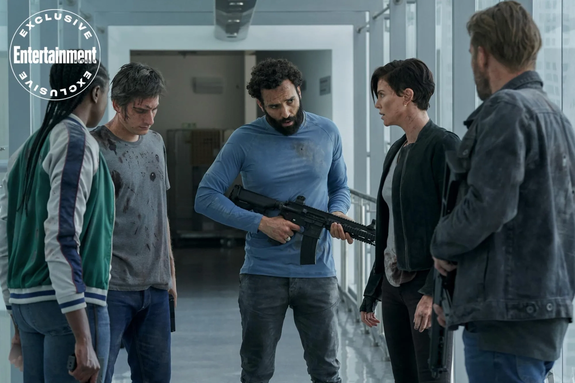 Charlize Theron, Matthias Schoenaerts, Luca Marinelli, Marwan Kenzari, and KiKi Layne in The Old Guard (2020)