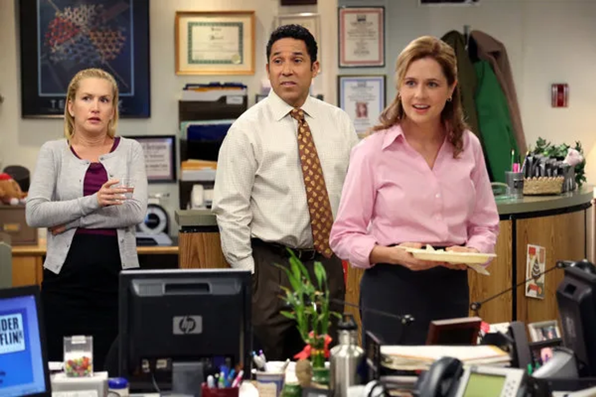 Jenna Fischer, Oscar Nuñez, and Angela Kinsey in The Office (2005)