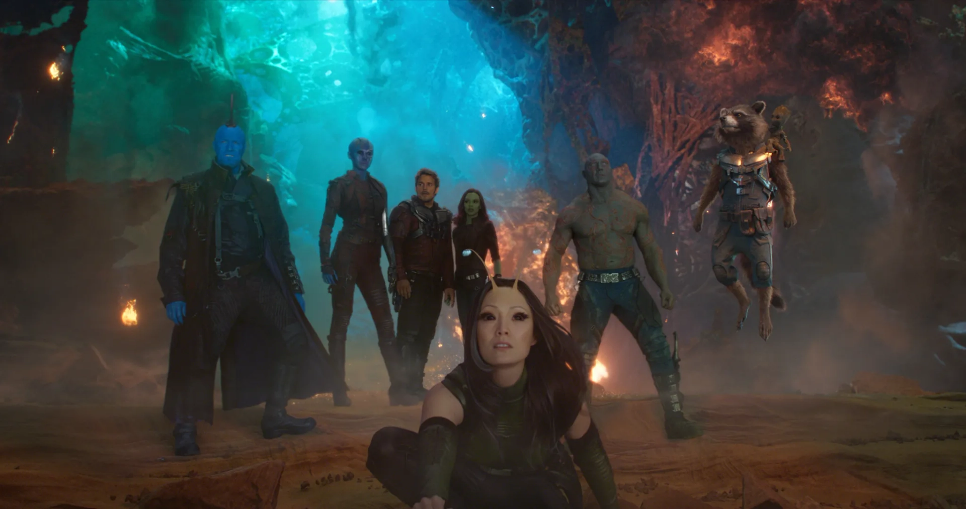 Vin Diesel, Bradley Cooper, Chris Pratt, Michael Rooker, Zoe Saldana, Dave Bautista, Karen Gillan, and Pom Klementieff in Guardians of the Galaxy Vol. 2 (2017)