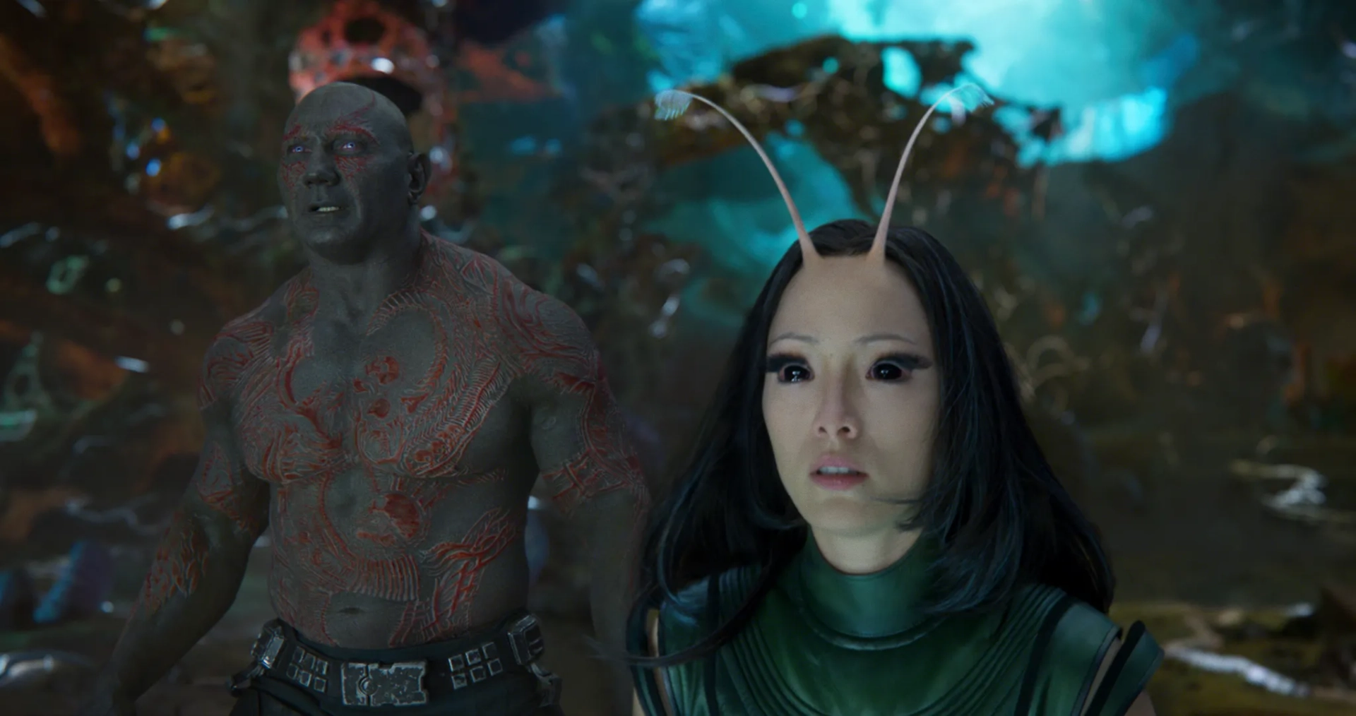 Dave Bautista and Pom Klementieff in Guardians of the Galaxy Vol. 2 (2017)