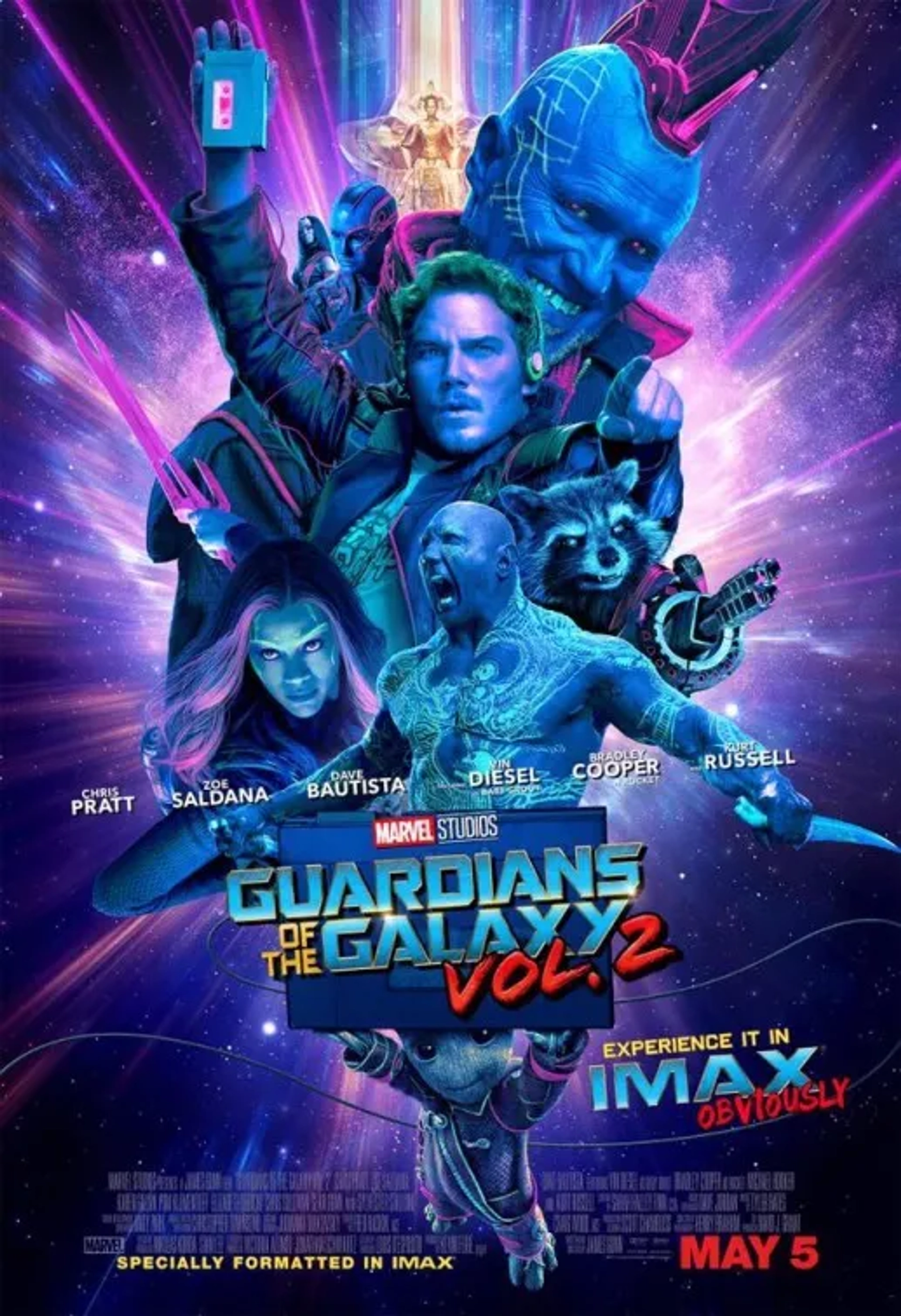 Vin Diesel, Bradley Cooper, Chris Pratt, Michael Rooker, Zoe Saldana, Dave Bautista, Karen Gillan, Pom Klementieff, and Elizabeth Debicki in Guardians of the Galaxy Vol. 2 (2017)