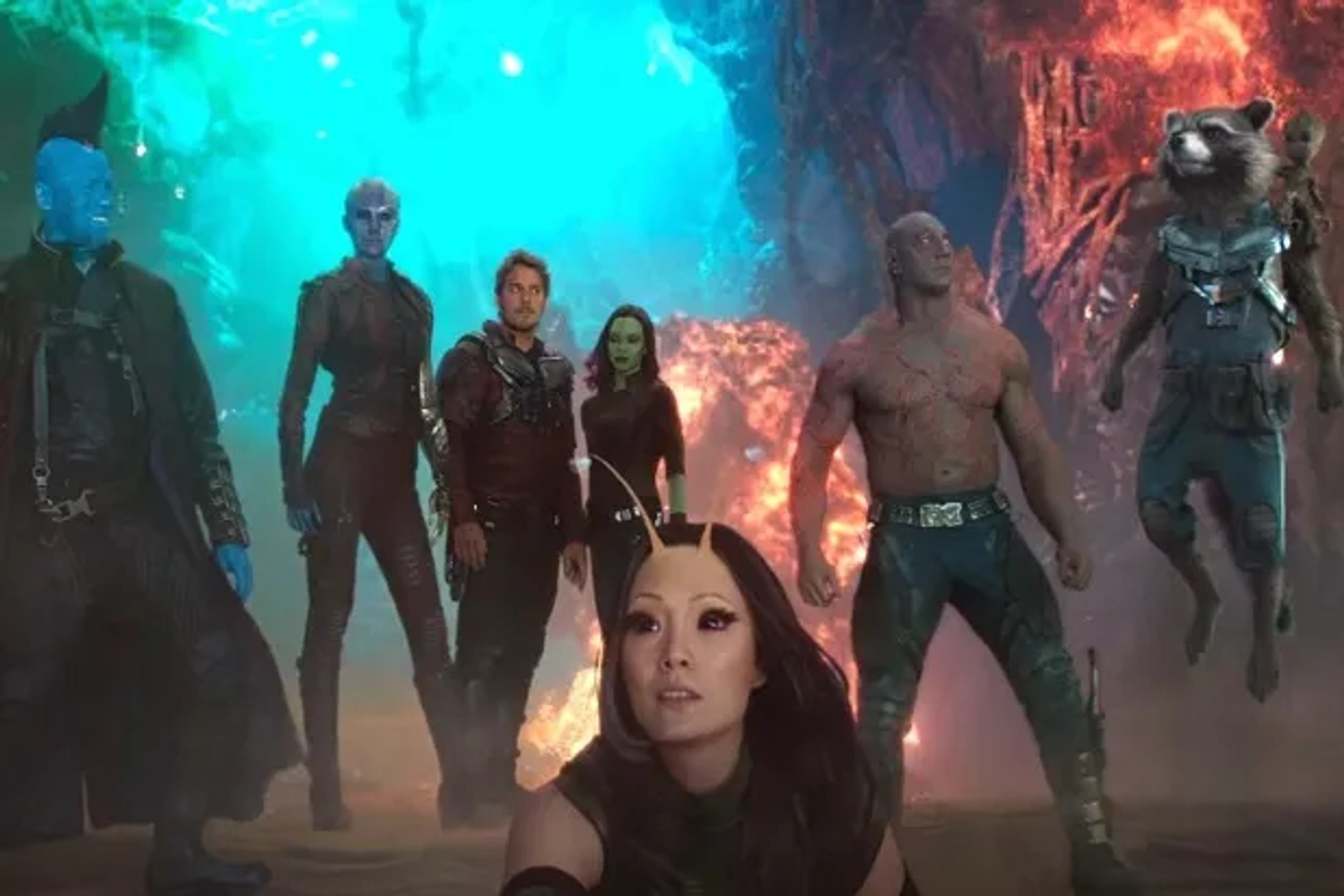 Vin Diesel, Bradley Cooper, Chris Pratt, Michael Rooker, Zoe Saldana, Dave Bautista, and Pom Klementieff in Guardians of the Galaxy Vol. 2 (2017)