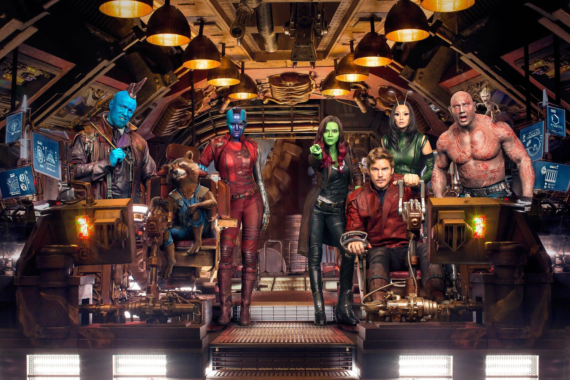 Vin Diesel, Bradley Cooper, Chris Pratt, Michael Rooker, Zoe Saldana, Dave Bautista, Karen Gillan, and Pom Klementieff in Guardians of the Galaxy Vol. 2 (2017)