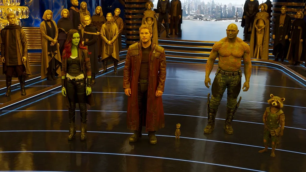 Vin Diesel, Bradley Cooper, Chris Pratt, Zoe Saldana, and Dave Bautista in Guardians of the Galaxy Vol. 2 (2017)