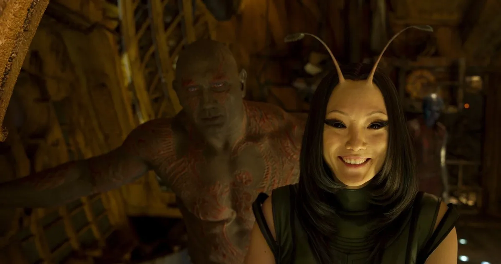 Dave Bautista and Pom Klementieff in Guardians of the Galaxy Vol. 2 (2017)