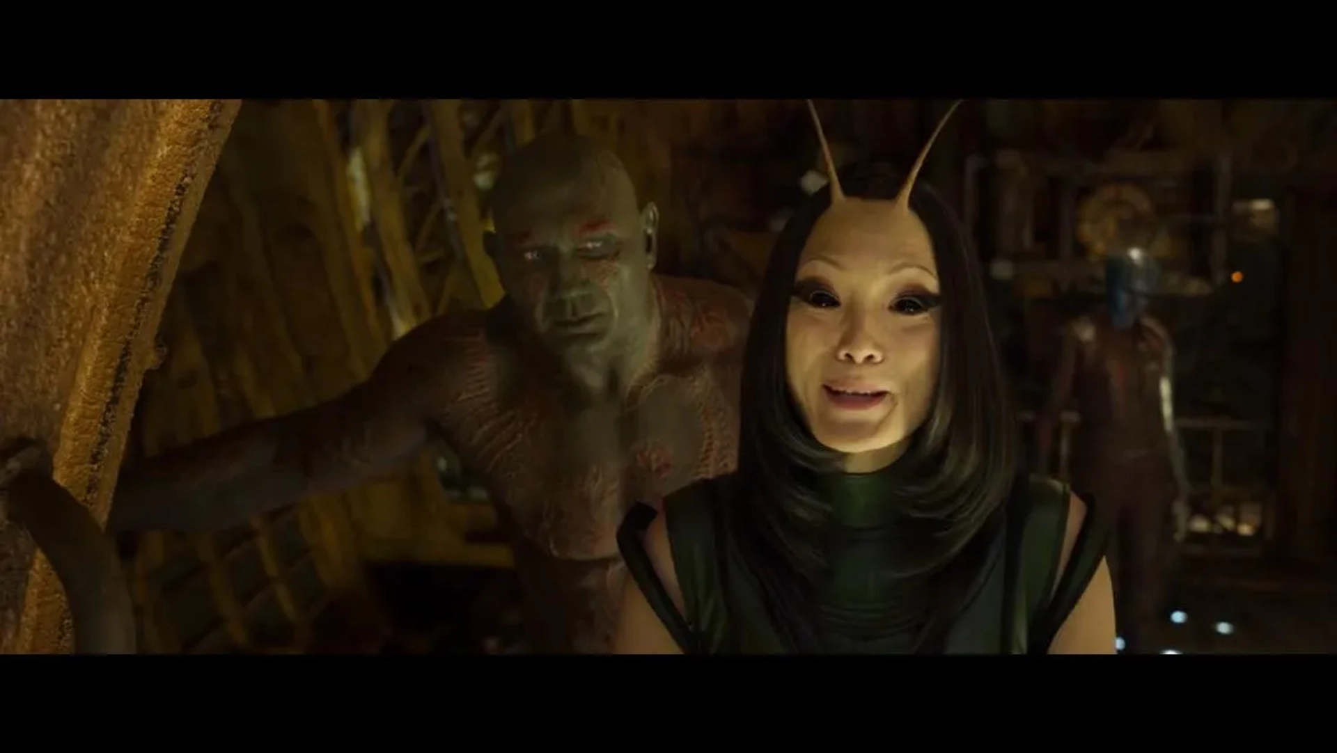 Dave Bautista and Pom Klementieff in Guardians of the Galaxy Vol. 2 (2017)