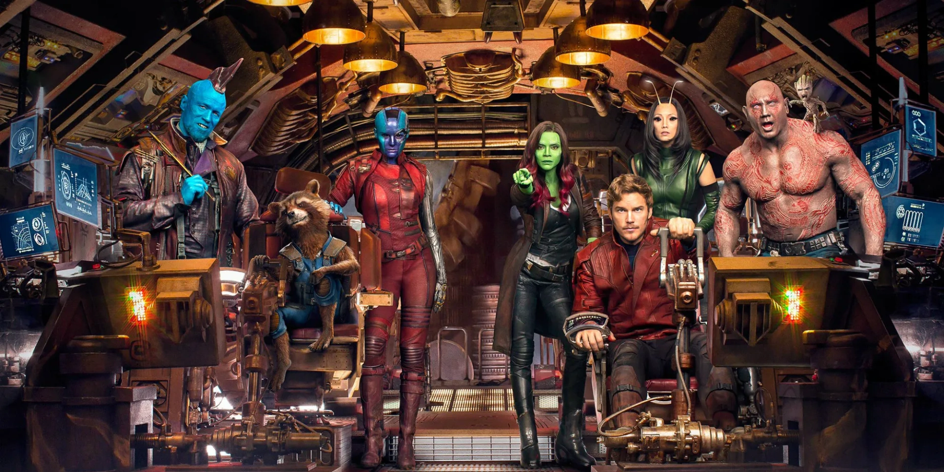 Bradley Cooper, Chris Pratt, Michael Rooker, Zoe Saldana, Dave Bautista, Karen Gillan, and Pom Klementieff in Guardians of the Galaxy Vol. 2 (2017)