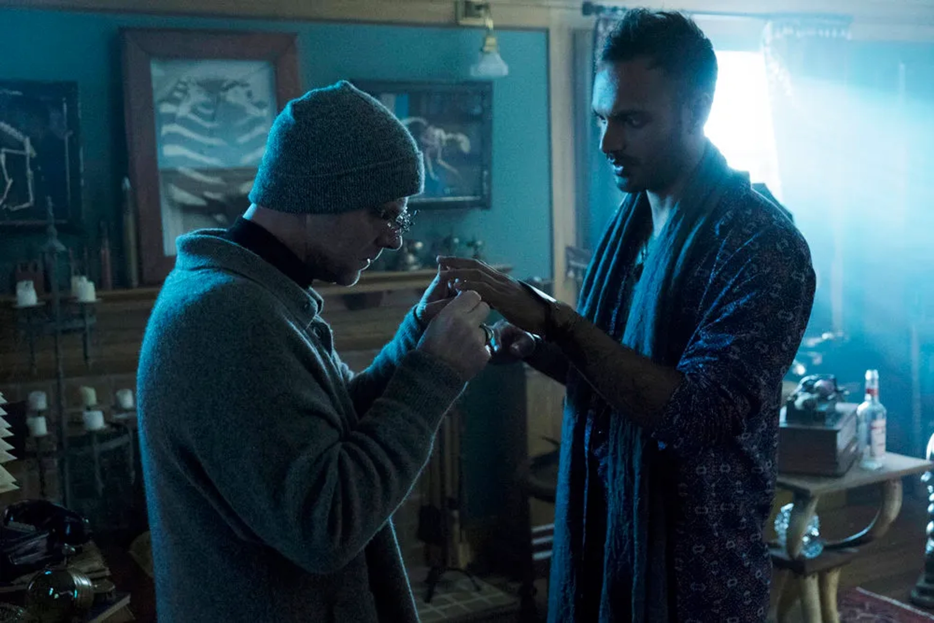 Brían F. O'Byrne and Arjun Gupta in The Magicians (2015)