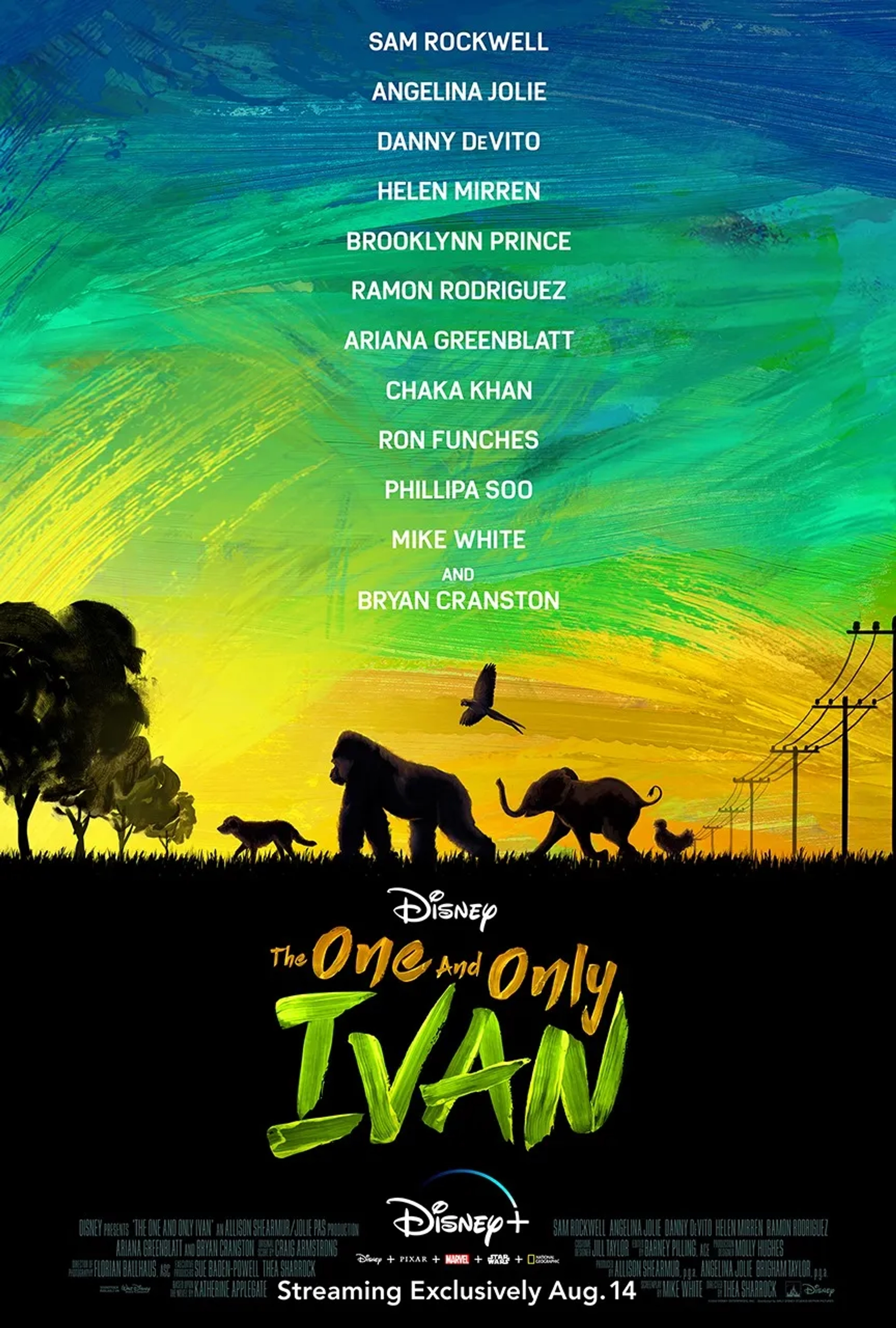 Danny DeVito, Helen Mirren, Angelina Jolie, Sam Rockwell, Bryan Cranston, Chaka Khan, Mike White, Ramón Rodríguez, Ron Funches, Phillipa Soo, Ariana Greenblatt, and Brooklynn Prince in The One and Only Ivan (2020)