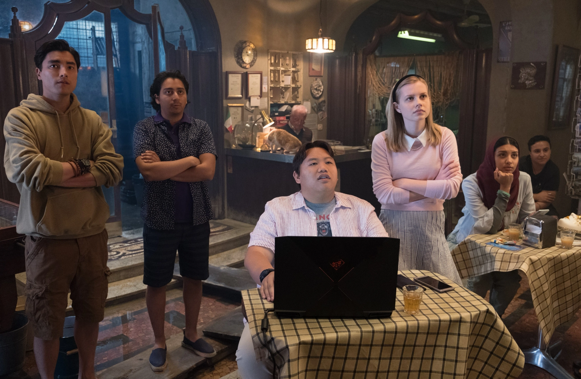 Zach Barack, Zoha Rahman, Tony Revolori, Remy Hii, Angourie Rice, and Jacob Batalon in Spider-Man: Far from Home (2019)