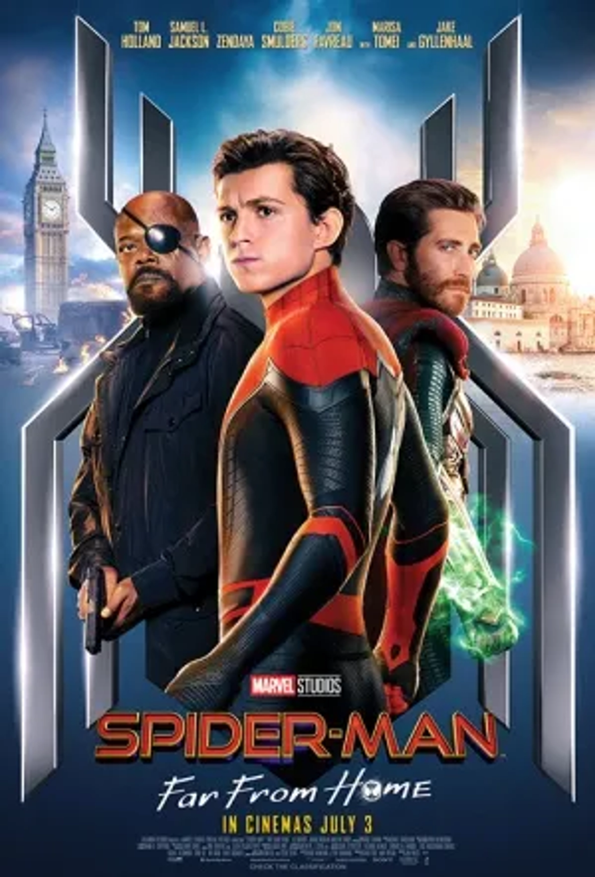 Samuel L. Jackson, Jake Gyllenhaal, and Tom Holland in Spider-Man: Far from Home (2019)