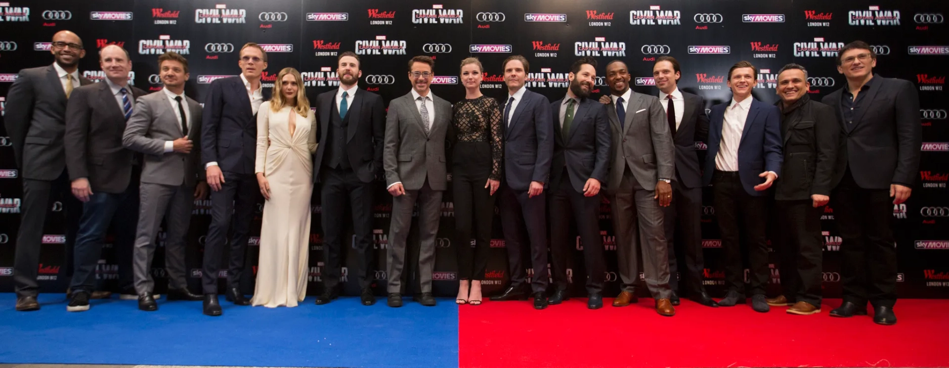 Robert Downey Jr., Paul Bettany, Daniel Brühl, Chris Evans, Kevin Feige, Elizabeth Olsen, Jeremy Renner, Paul Rudd, Anthony Russo, Joe Russo, Emily VanCamp, Anthony Mackie, Sebastian Stan, and Tom Holland at an event for Captain America: Civil War (2016)