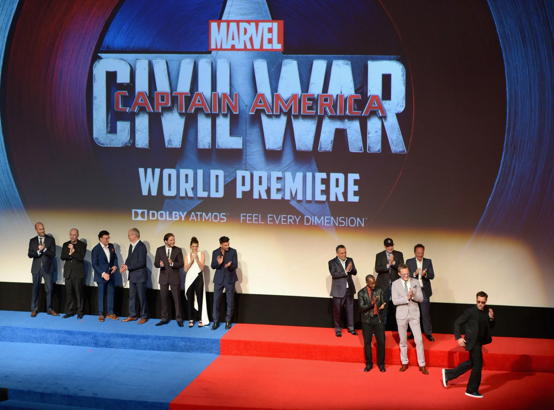 Don Cheadle, Robert Downey Jr., William Hurt, Marisa Tomei, Paul Bettany, Daniel Brühl, Chris Evans, Kevin Feige, Frank Grillo, Paul Rudd, Anthony Russo, Joe Russo, Emily VanCamp, Anthony Mackie, Christopher Markus, Stephen McFeely, and Sebastian Stan at an event for Captain America: Civil War (2016)