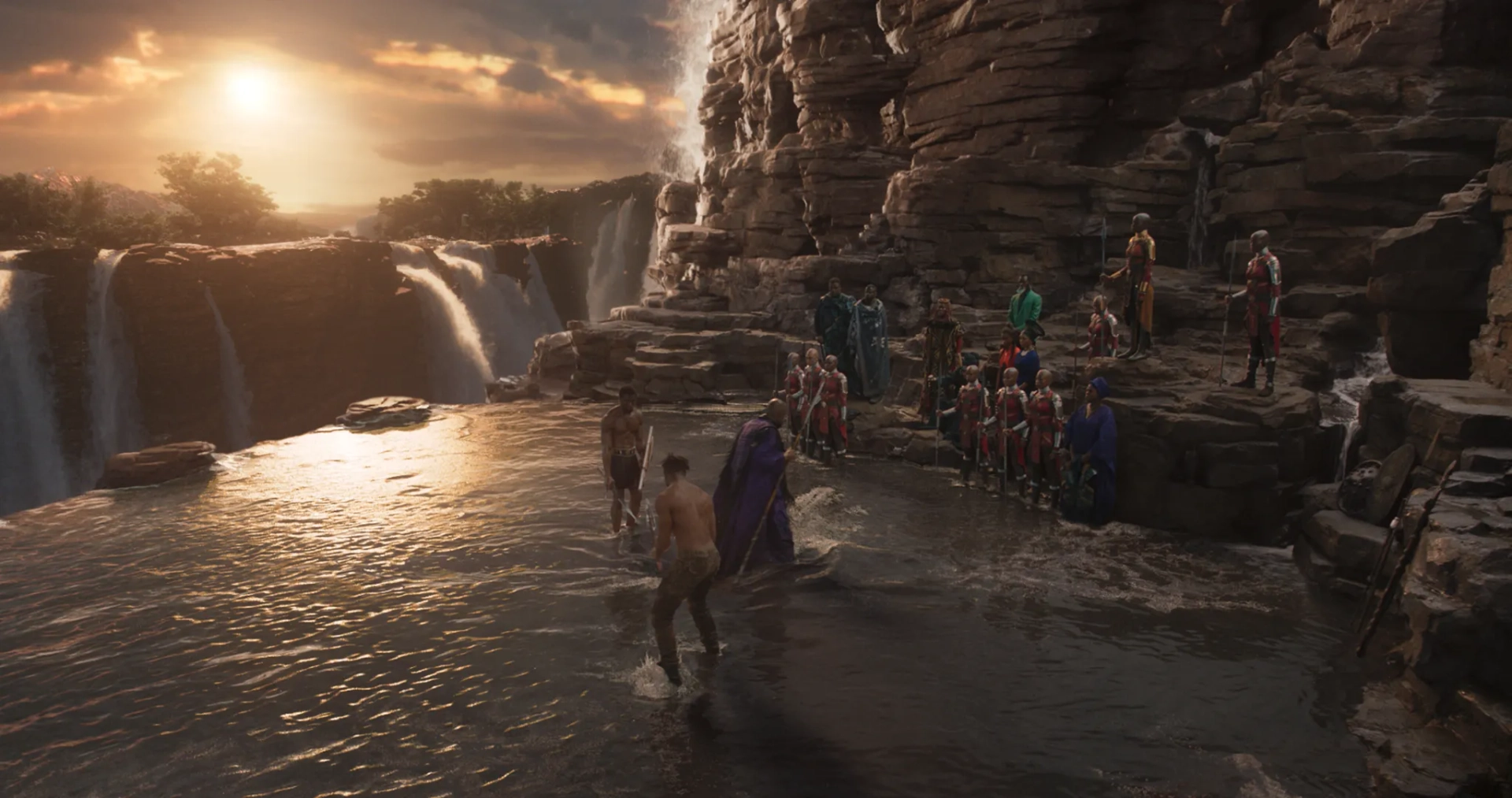 Angela Bassett, Forest Whitaker, Connie Chiume, Isaach De Bankolé, Michael B. Jordan, Florence Kasumba, Chadwick Boseman, Danai Gurira, Daniel Kaluuya, and Letitia Wright in Black Panther (2018)