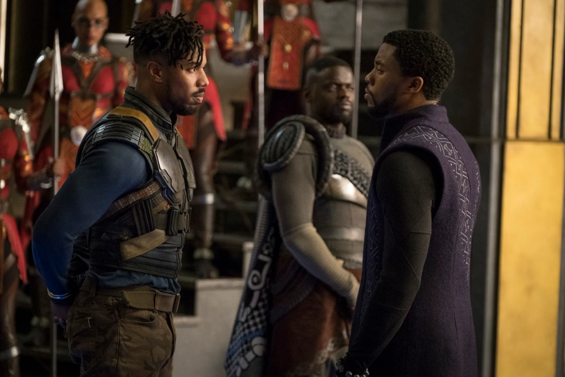 Michael B. Jordan, Chadwick Boseman, and Daniel Kaluuya in Black Panther (2018)