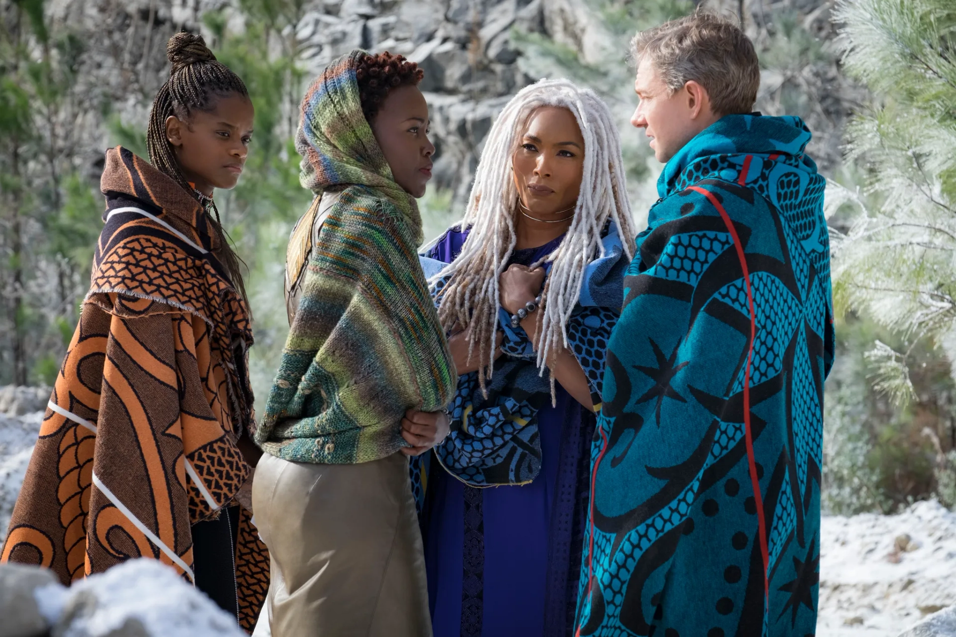 Angela Bassett, Martin Freeman, Lupita Nyong'o, and Letitia Wright in Black Panther (2018)