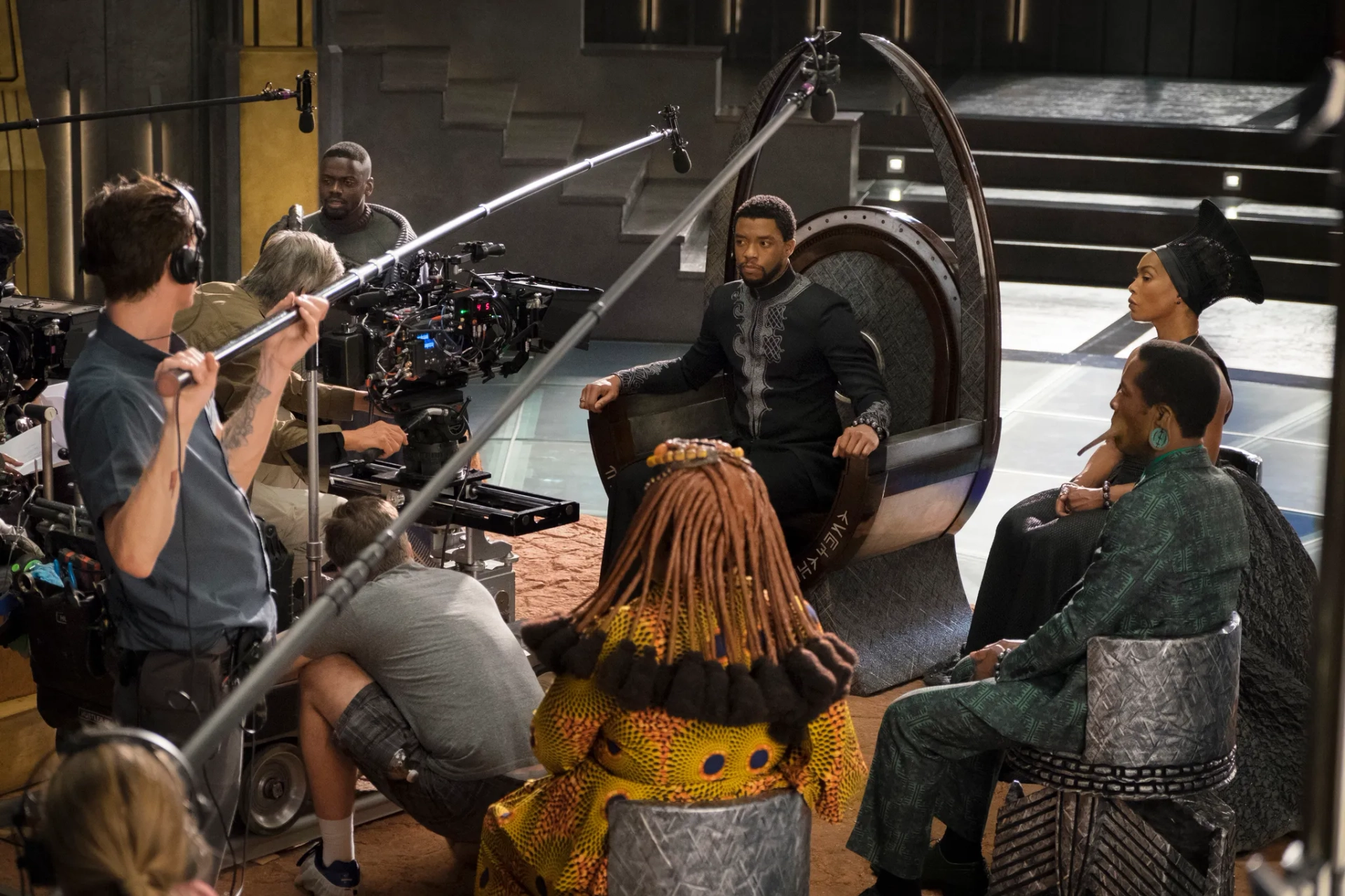 Angela Bassett, Isaach De Bankolé, Chadwick Boseman, and Daniel Kaluuya in Black Panther (2018)