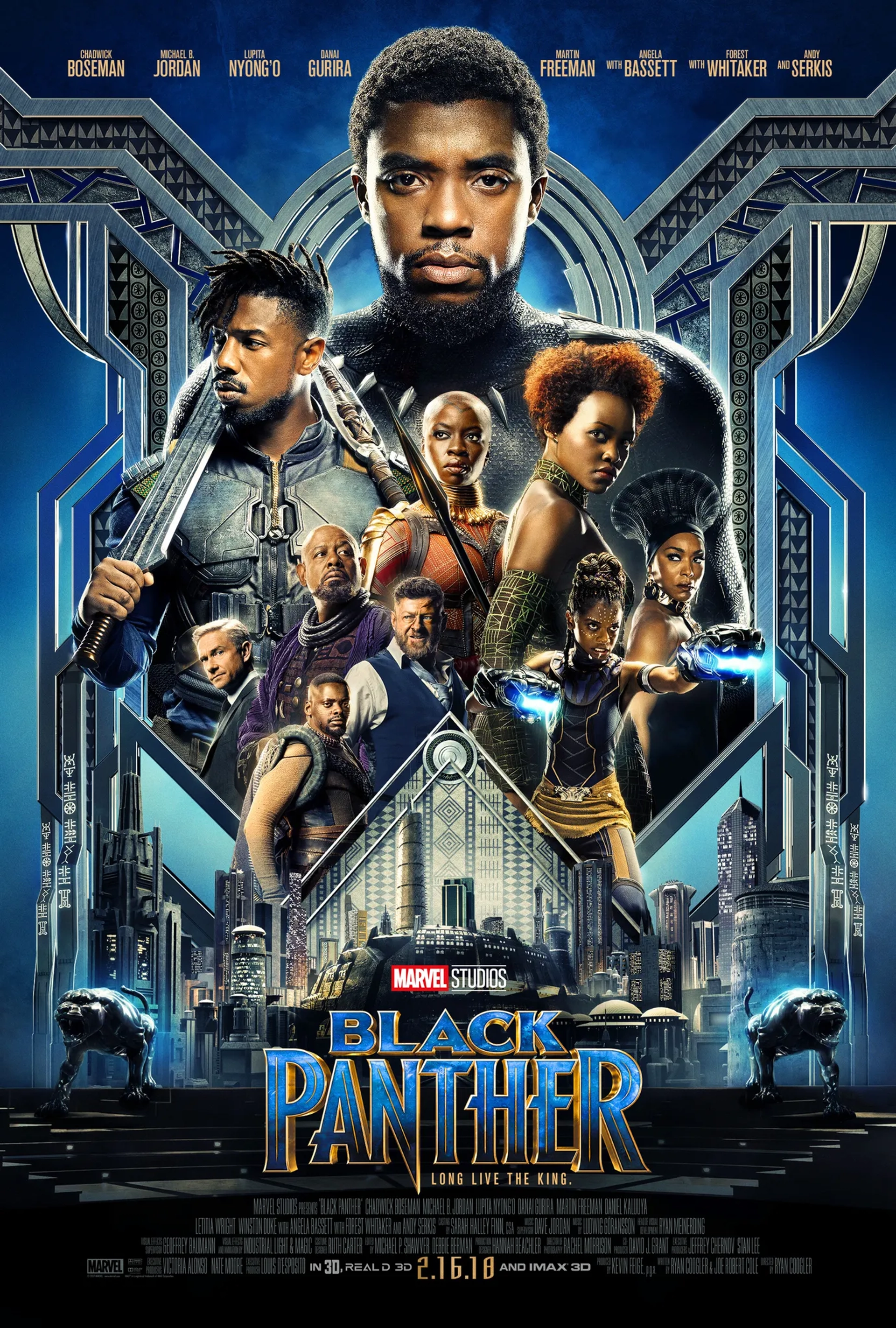 Angela Bassett, Forest Whitaker, Martin Freeman, Michael B. Jordan, Andy Serkis, Chadwick Boseman, Danai Gurira, Lupita Nyong'o, Daniel Kaluuya, and Letitia Wright in Black Panther (2018)