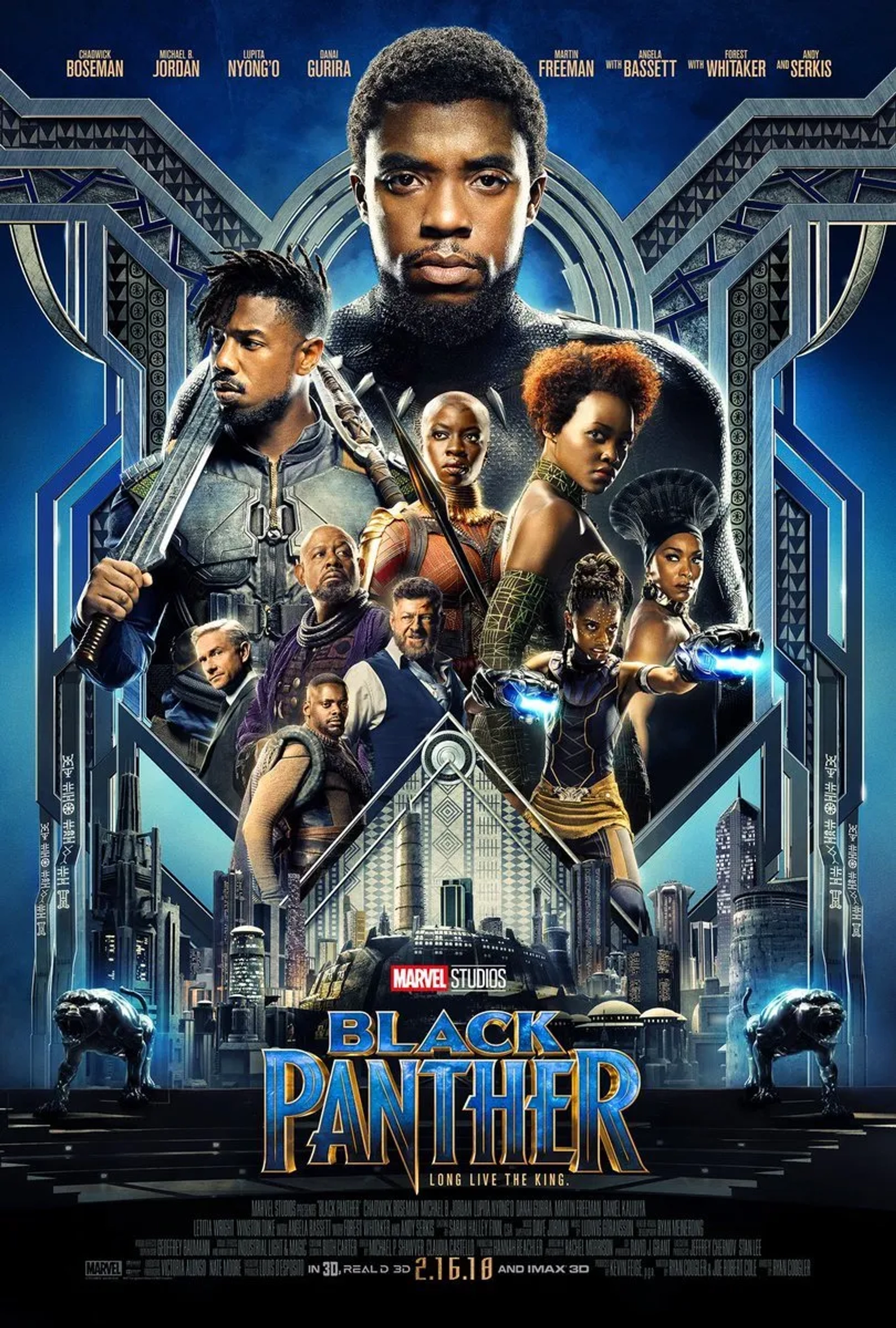 Angela Bassett, Forest Whitaker, Martin Freeman, Michael B. Jordan, Andy Serkis, Chadwick Boseman, Danai Gurira, Lupita Nyong'o, Daniel Kaluuya, and Letitia Wright in Black Panther (2018)