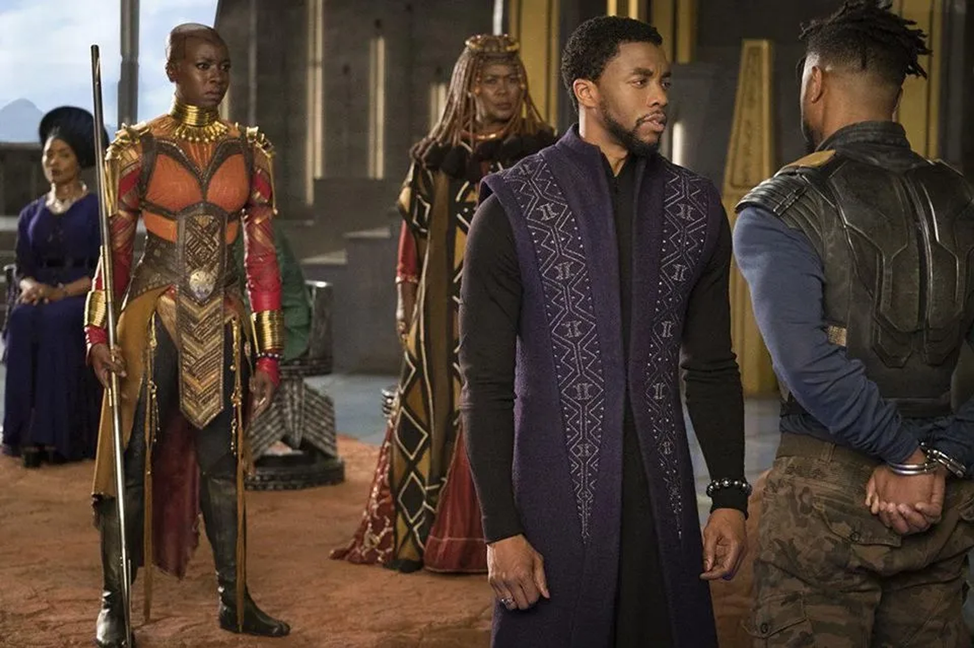 Angela Bassett, Connie Chiume, Michael B. Jordan, Chadwick Boseman, and Danai Gurira in Black Panther (2018)