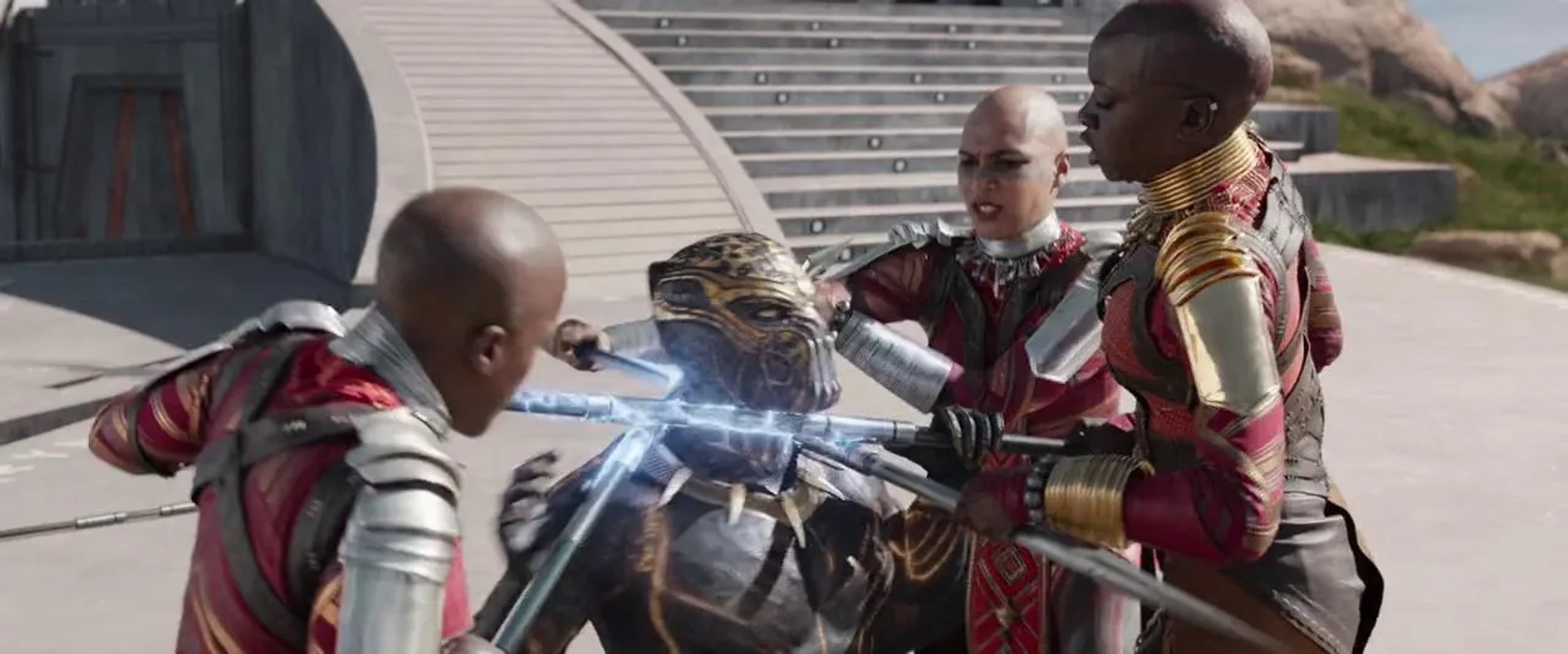 Michael B. Jordan, Danai Gurira, and Marie Mouroum in Black Panther (2018)