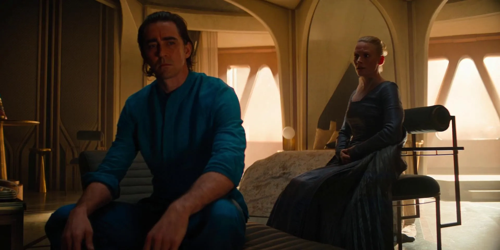 Lee Pace and Laura Birn in Foundation (2021)