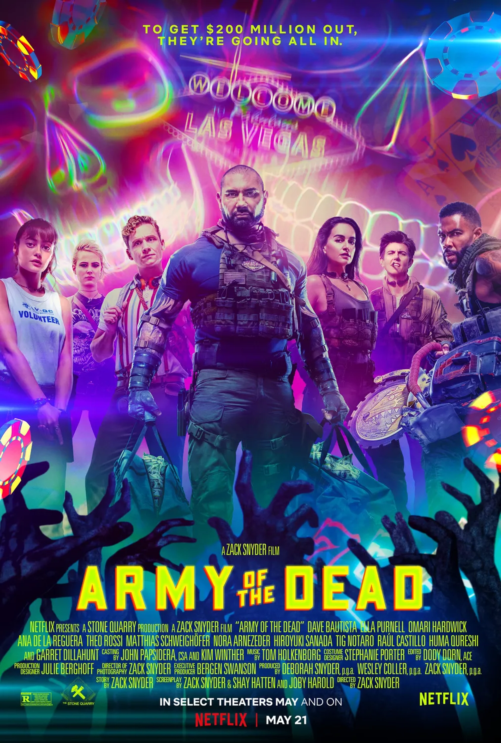 Ana de la Reguera, Tig Notaro, Matthias Schweighöfer, Omari Hardwick, Dave Bautista, Nora Arnezeder, and Ella Purnell in Army of the Dead (2021)