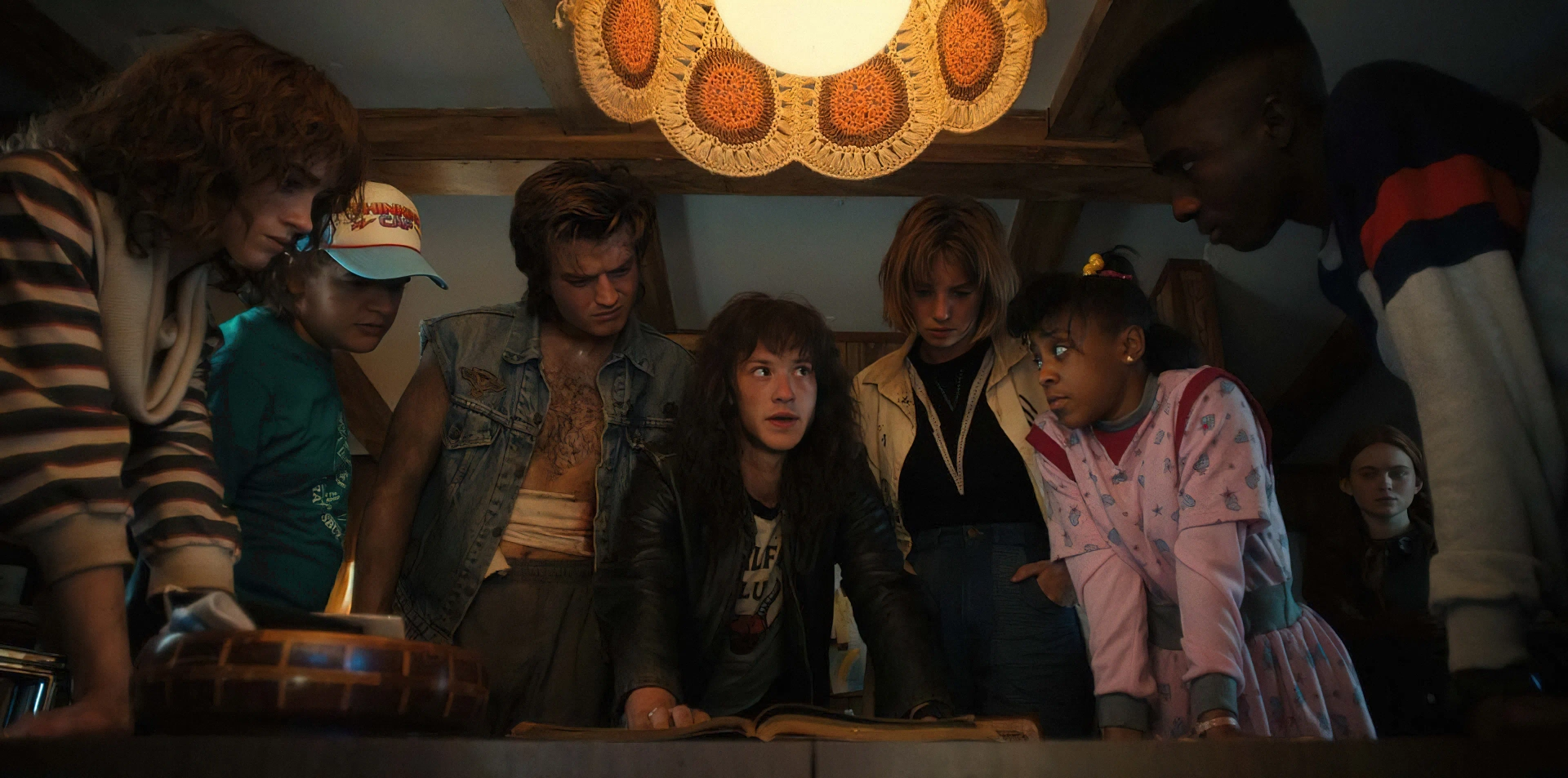 Maya Hawke, Natalia Dyer, Joseph Quinn, Caleb McLaughlin, Sadie Sink, Joe Keery, Gaten Matarazzo, and Priah Ferguson in Stranger Things: Chapter Eight: Papa (2022)