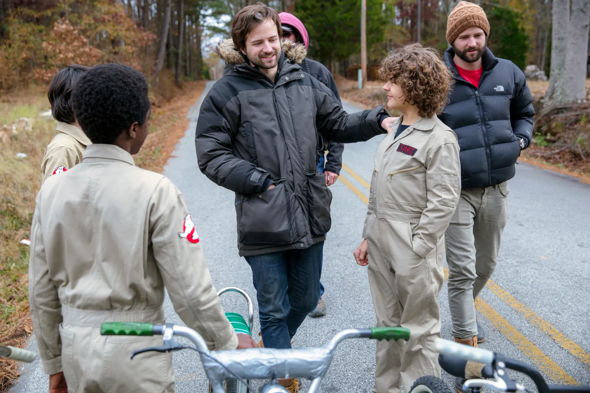 Matt Duffer, Ross Duffer, Caleb McLaughlin, Finn Wolfhard, and Gaten Matarazzo in Stranger Things (2016)