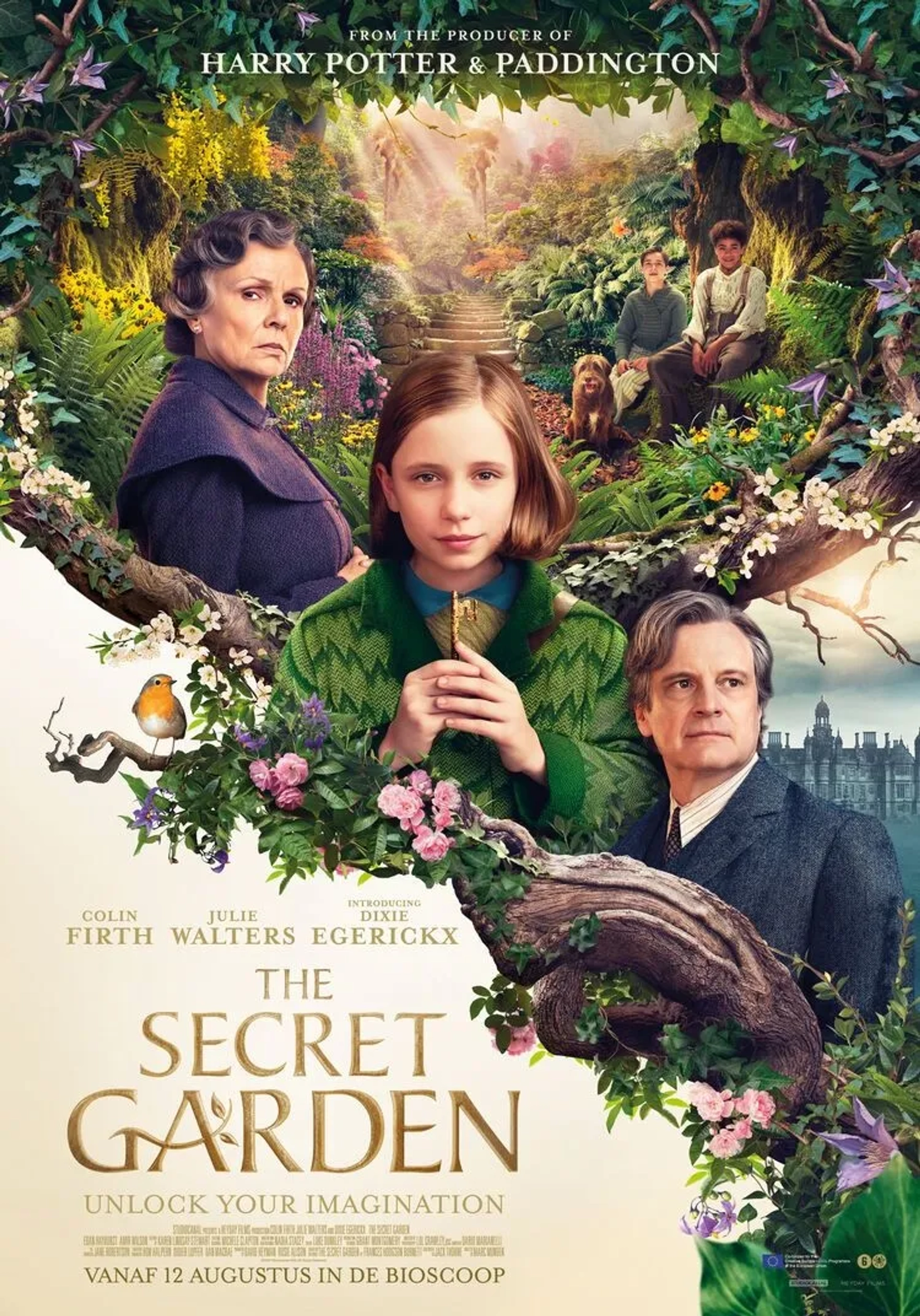 Colin Firth, Julie Walters, Dixie Egerickx, Edan Hayhurst, and Amir Wilson in The Secret Garden (2020)