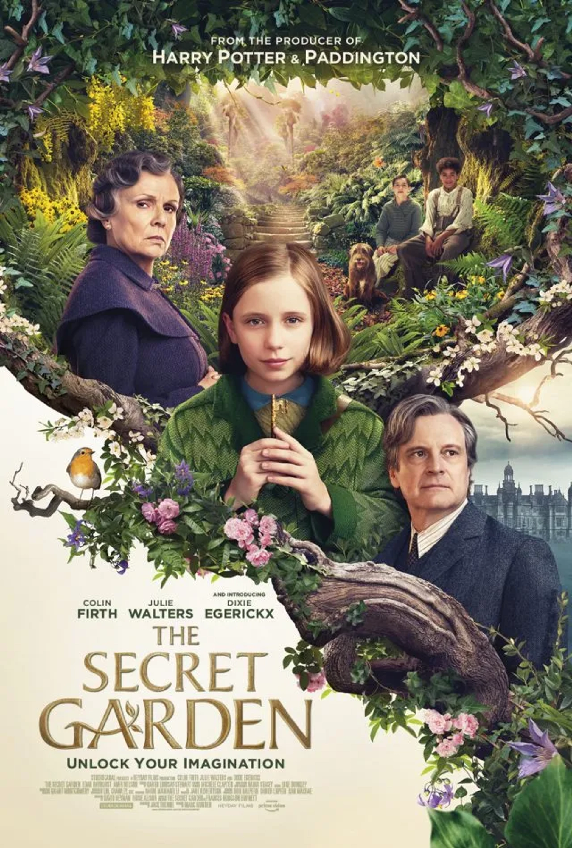 Colin Firth, Julie Walters, Dixie Egerickx, Edan Hayhurst, and Amir Wilson in The Secret Garden (2020)