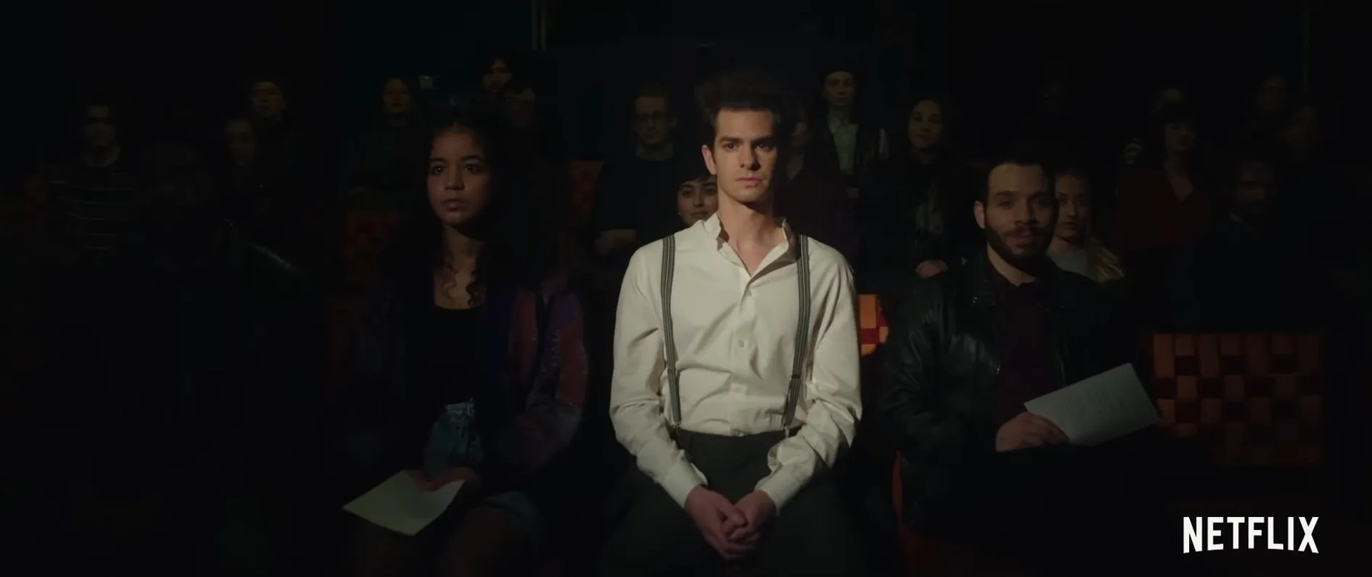 Robin de Jesus, Andrew Garfield, and Alexandra Shipp in tick, tick... BOOM! (2021)