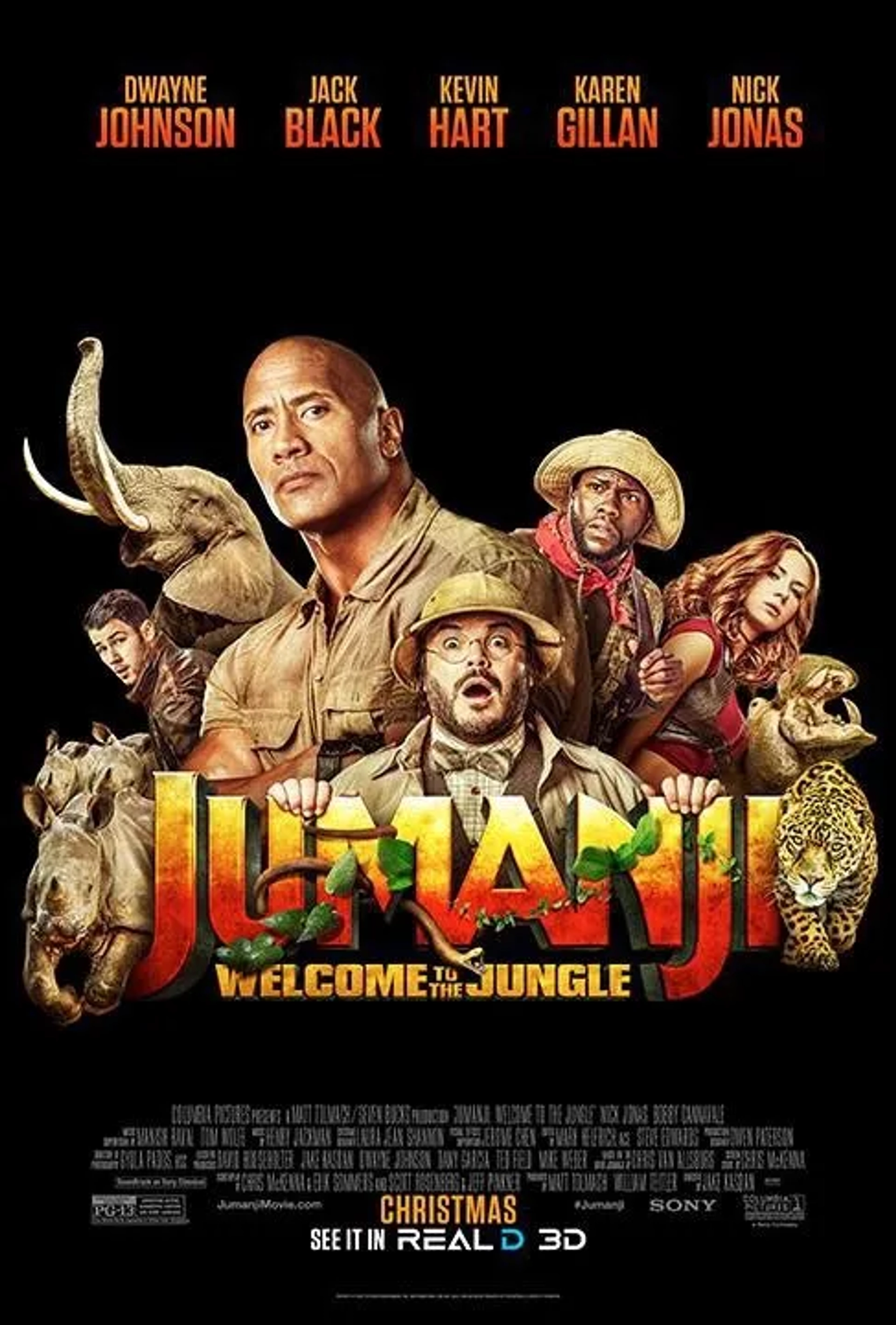 Jack Black, Kevin Hart, Dwayne Johnson, Karen Gillan, and Nick Jonas in Jumanji: Welcome to the Jungle (2017)