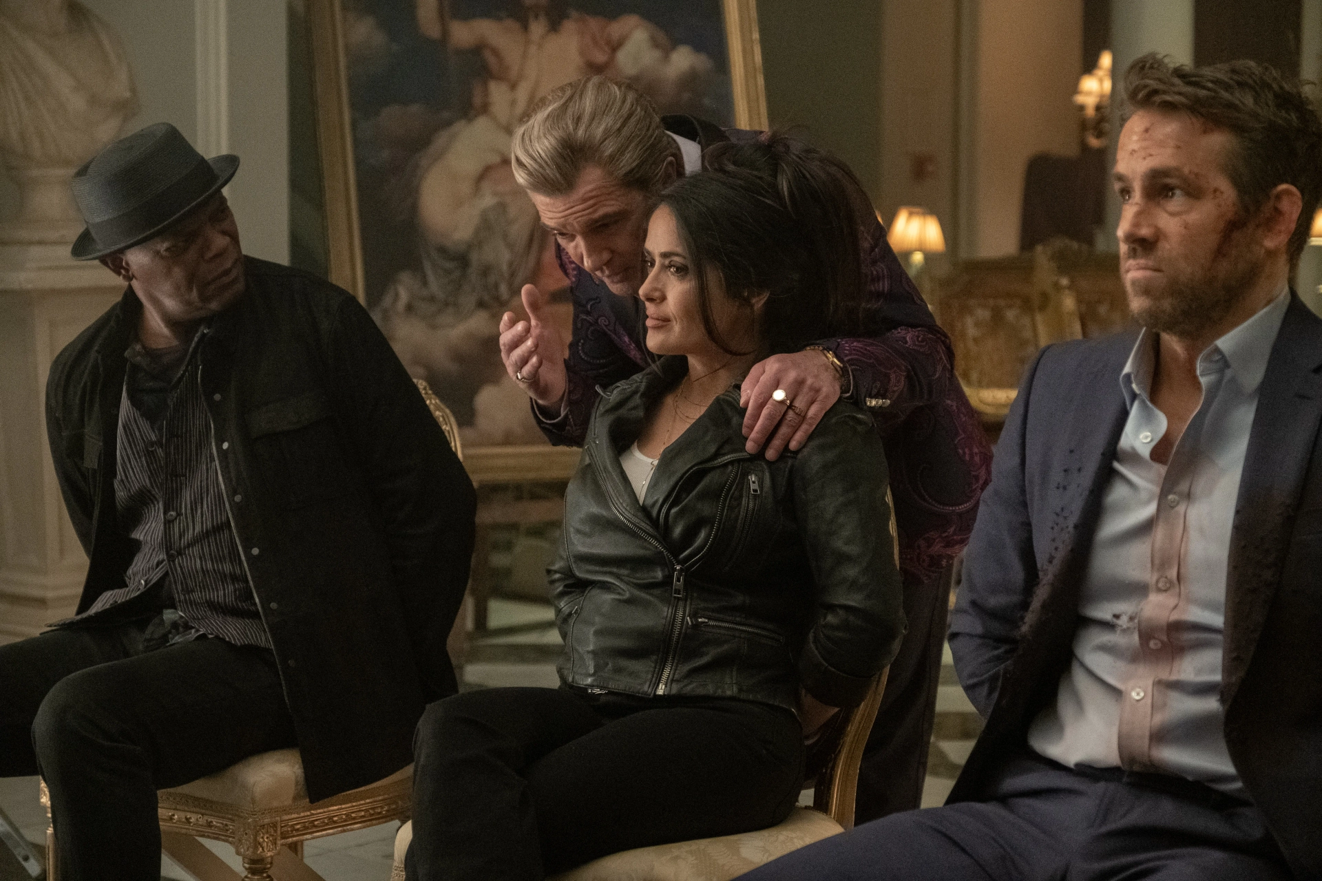 Antonio Banderas, Salma Hayek, Samuel L. Jackson, and Ryan Reynolds in Hitman's Wife's Bodyguard (2021)