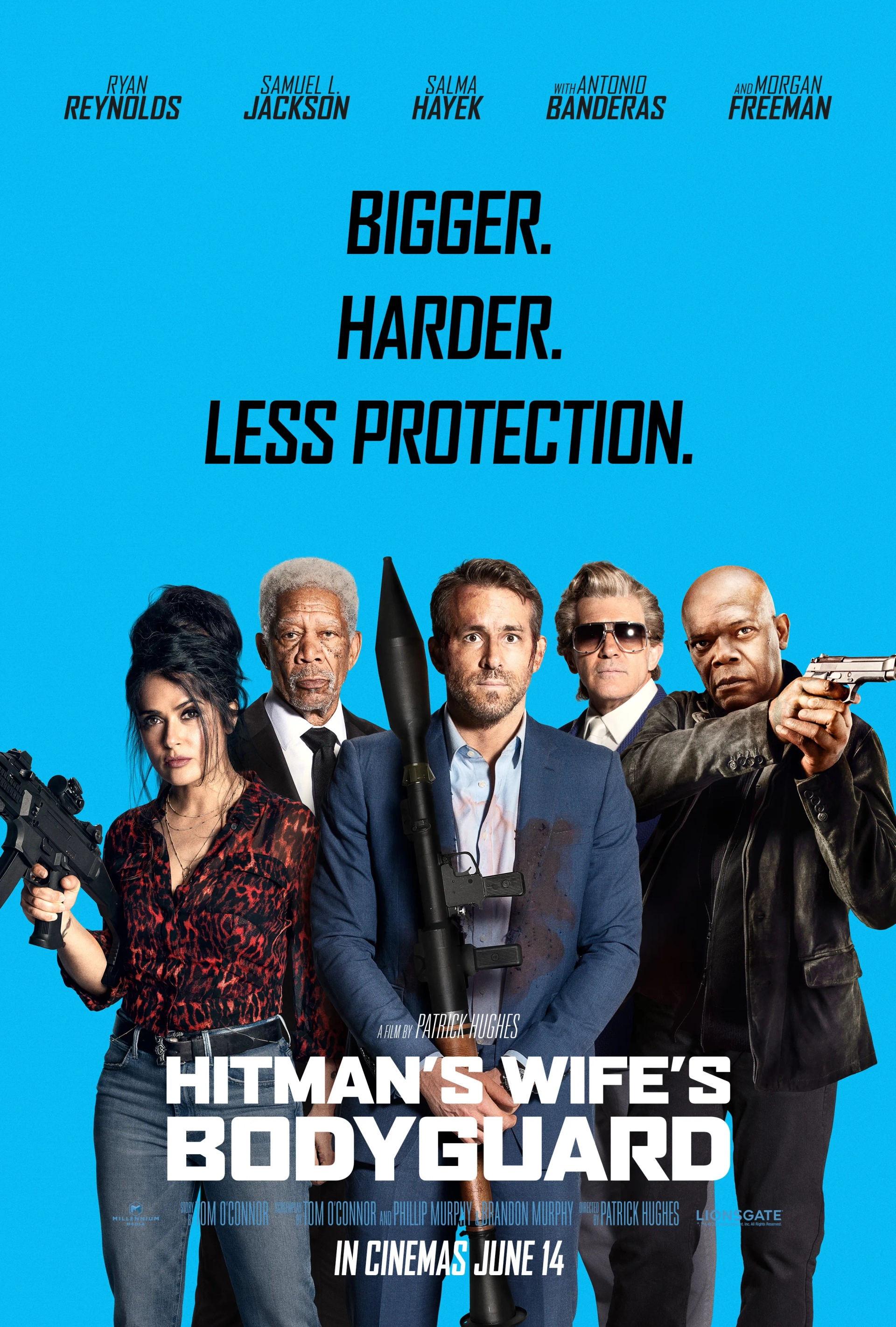 Antonio Banderas, Morgan Freeman, Salma Hayek, Samuel L. Jackson, and Ryan Reynolds in Hitman's Wife's Bodyguard (2021)