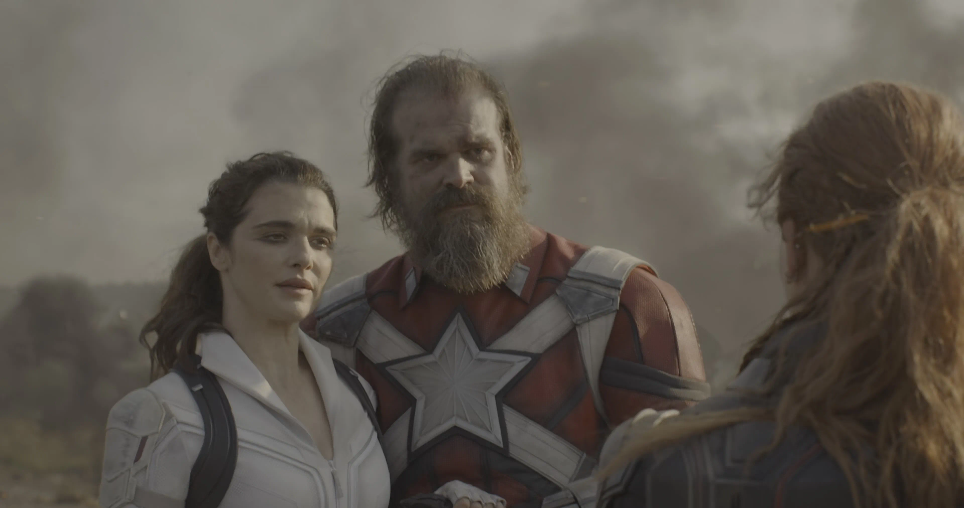 Rachel Weisz, Scarlett Johansson, and David Harbour in Black Widow (2021)