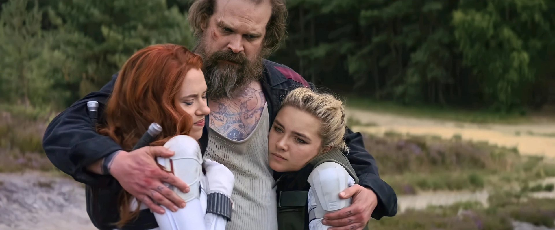 Scarlett Johansson, David Harbour, and Florence Pugh in Black Widow (2021)