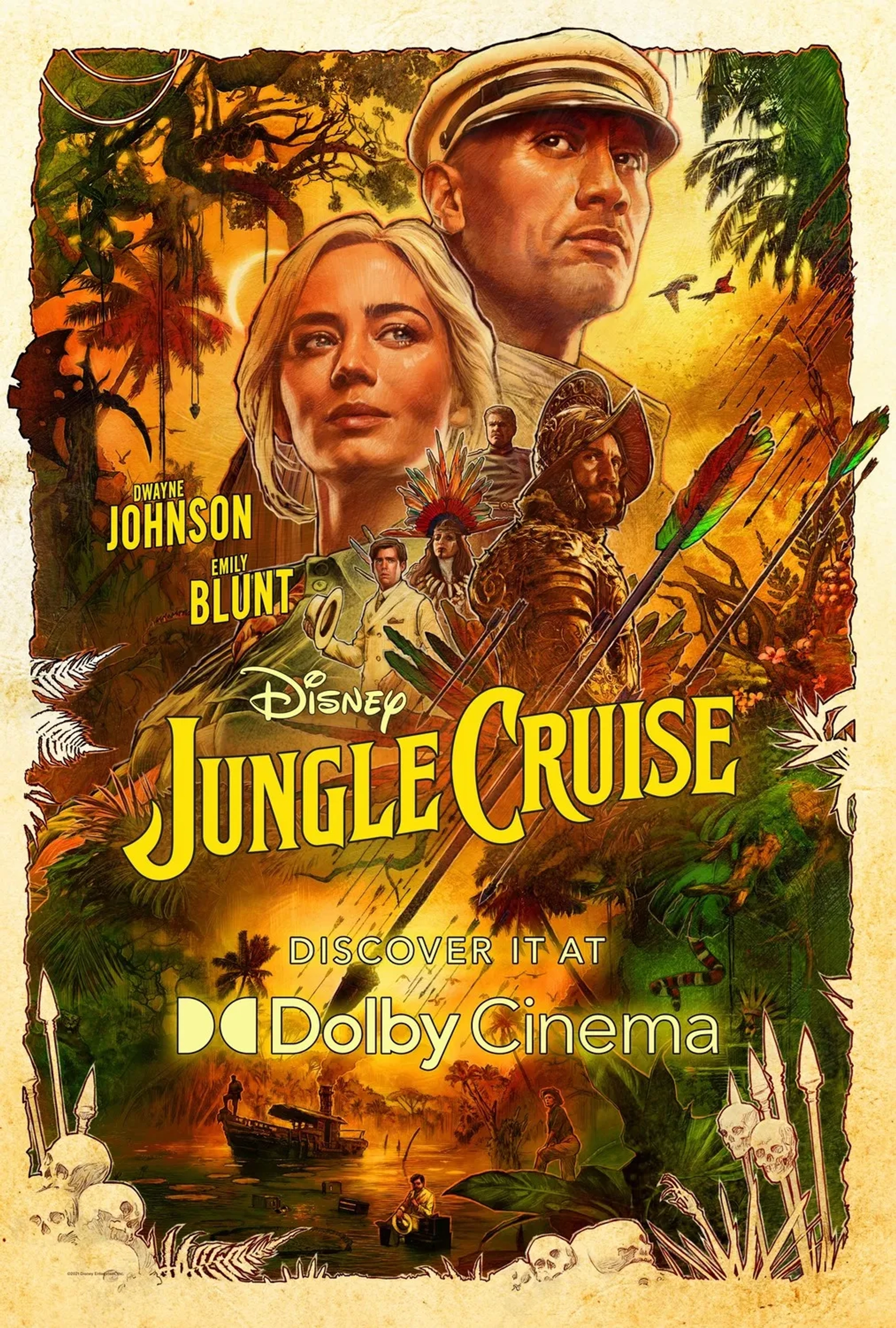 Dwayne Johnson, Jesse Plemons, Edgar Ramírez, Veronica Falcón, Emily Blunt, and Jack Whitehall in Jungle Cruise (2021)