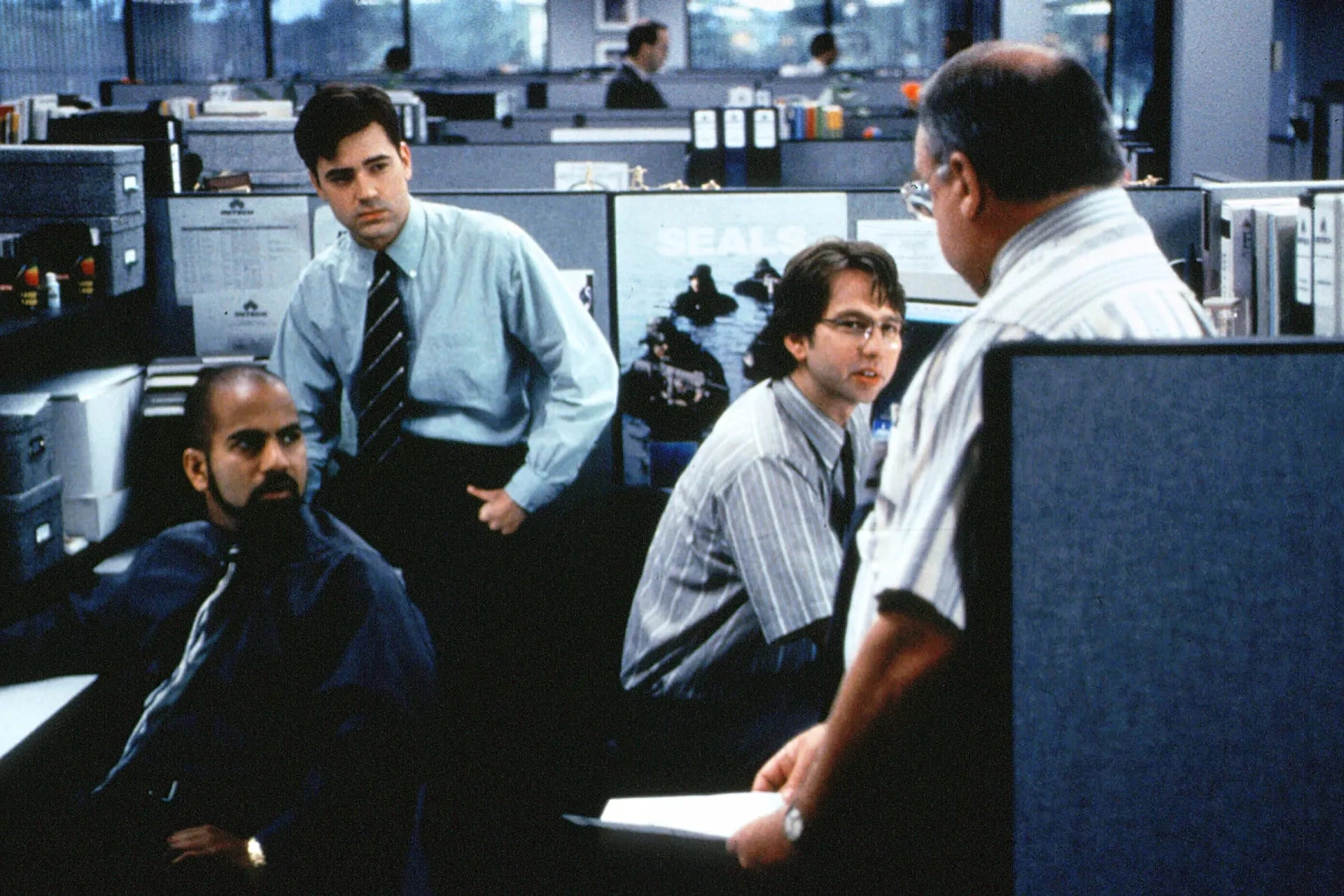 David Herman, Ron Livingston, Ajay Naidu, and Richard Riehle in Office Space (1999)