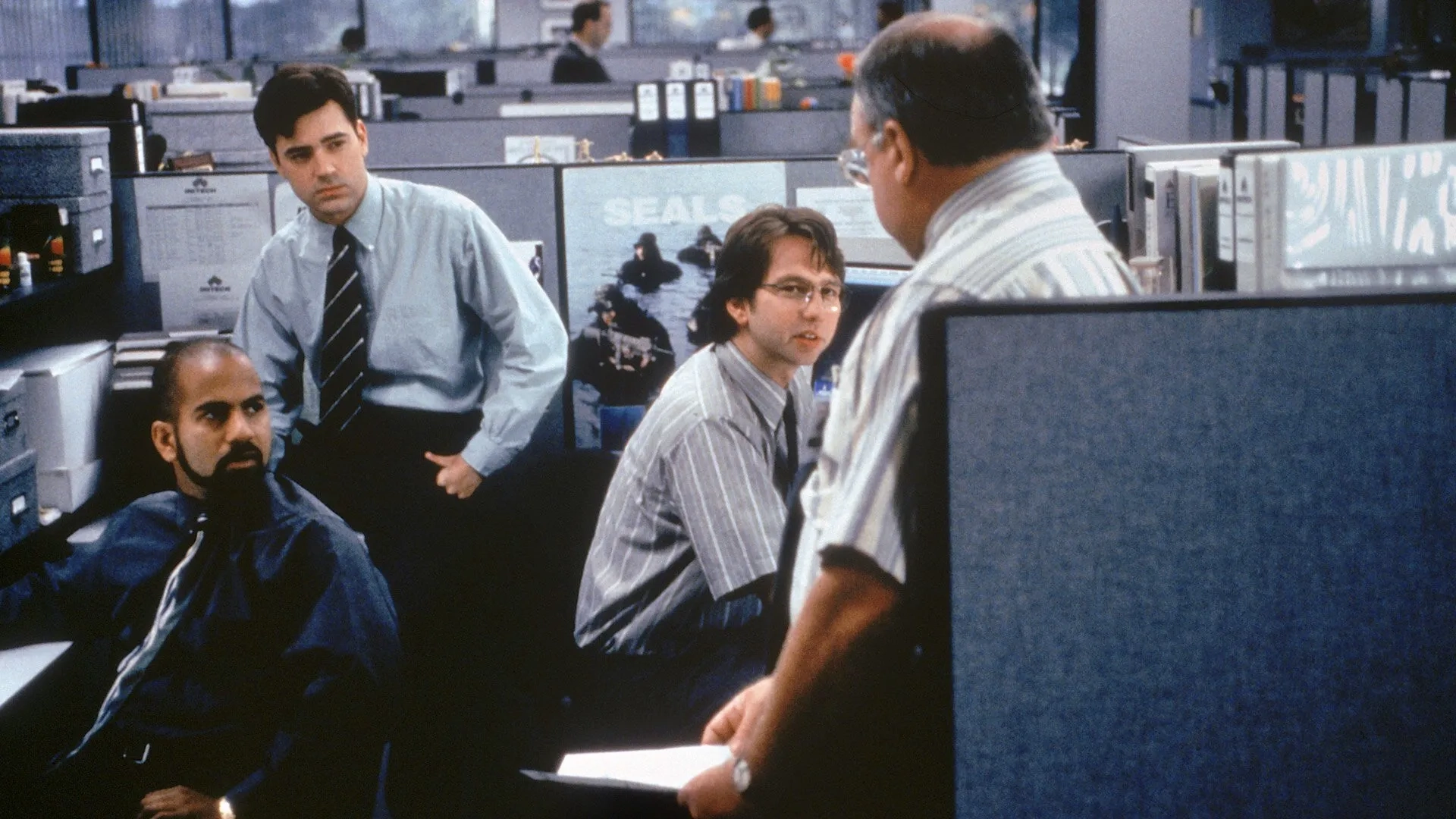 David Herman, Ron Livingston, Ajay Naidu, and Richard Riehle in Office Space (1999)