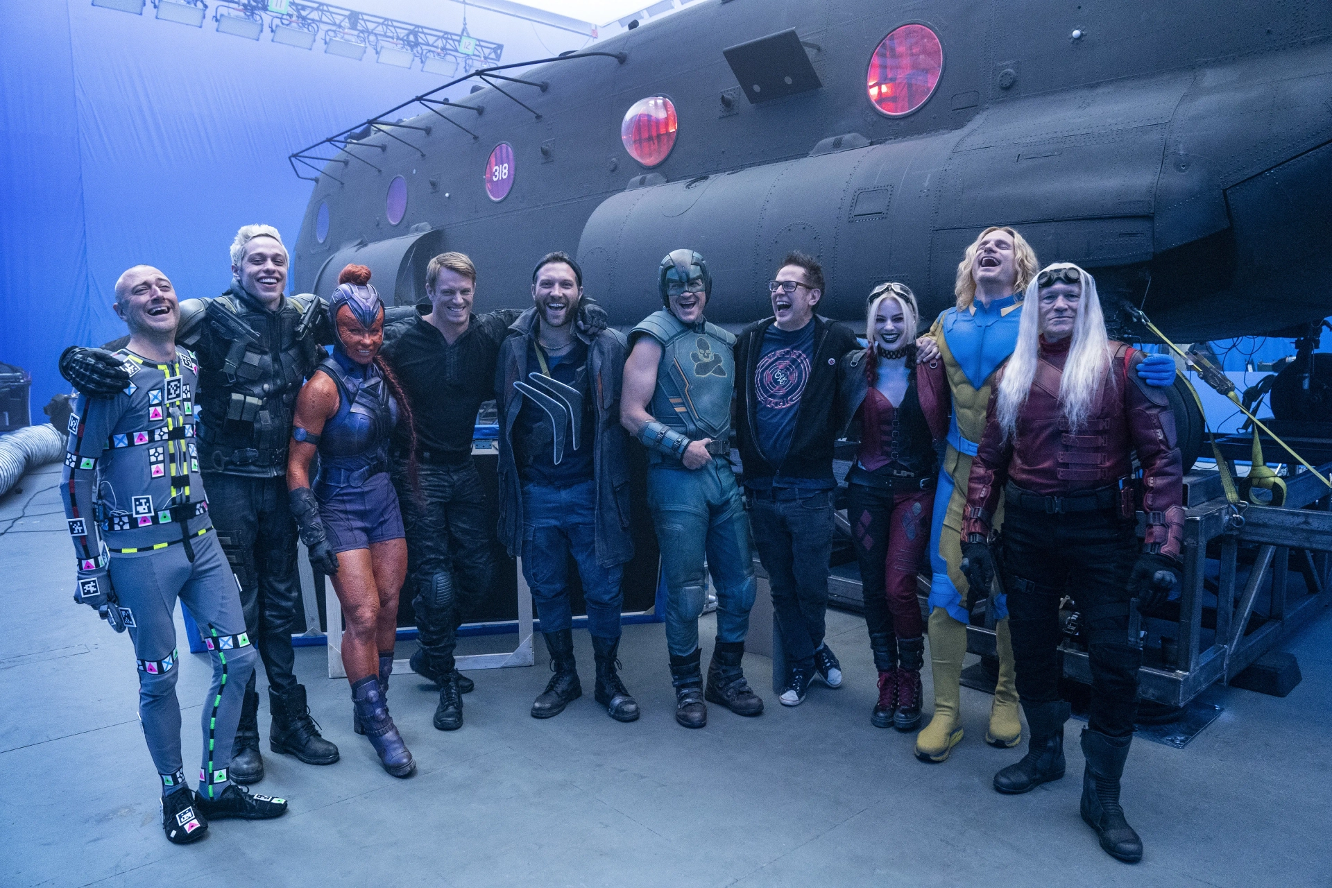 Pete Davidson, Nathan Fillion, James Gunn, Sean Gunn, Michael Rooker, Joel Kinnaman, Jai Courtney, Flula Borg, Margot Robbie, and Mayling Ng in The Suicide Squad (2021)