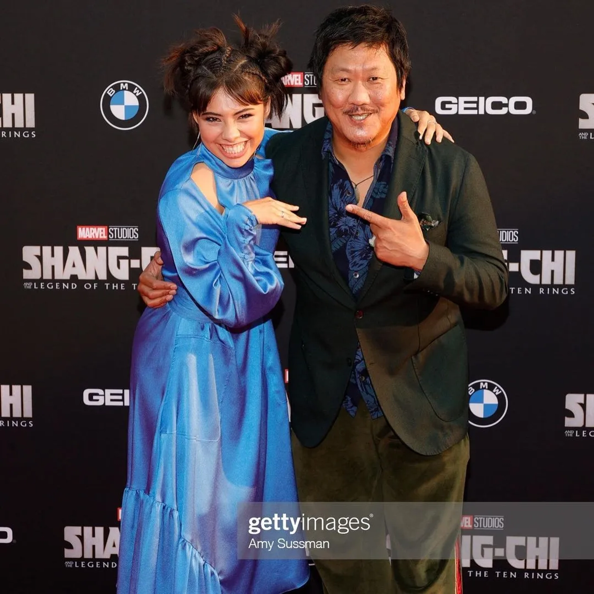 Benedict Wong and Xochitl Gomez at an event for Shang-Chi and the Legend of the Ten Rings (2021)