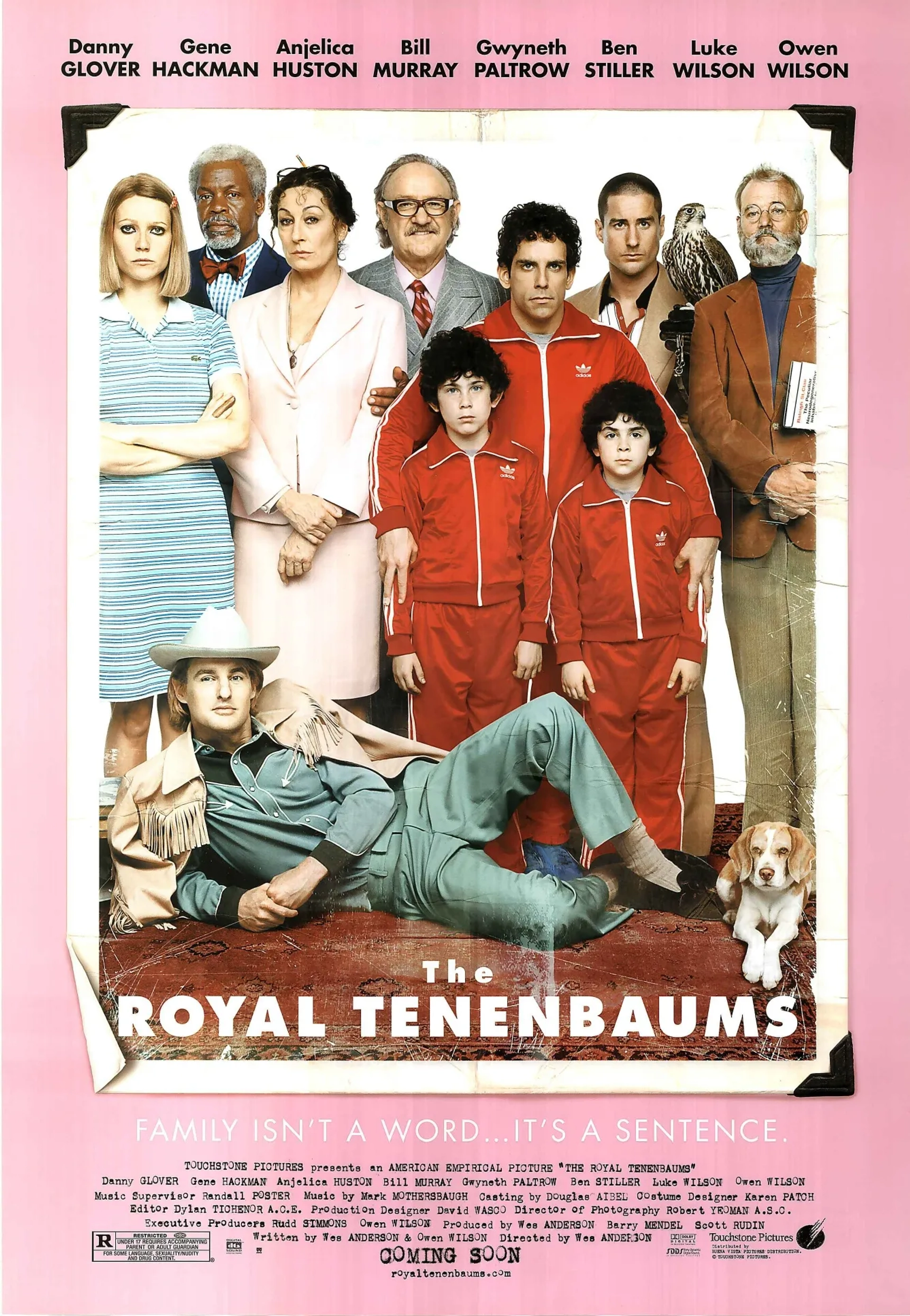 Bill Murray, Danny Glover, Gene Hackman, Gwyneth Paltrow, Anjelica Huston, Ben Stiller, Luke Wilson, Owen Wilson, Jonah Meyerson, and Grant Rosenmeyer in The Royal Tenenbaums (2001)