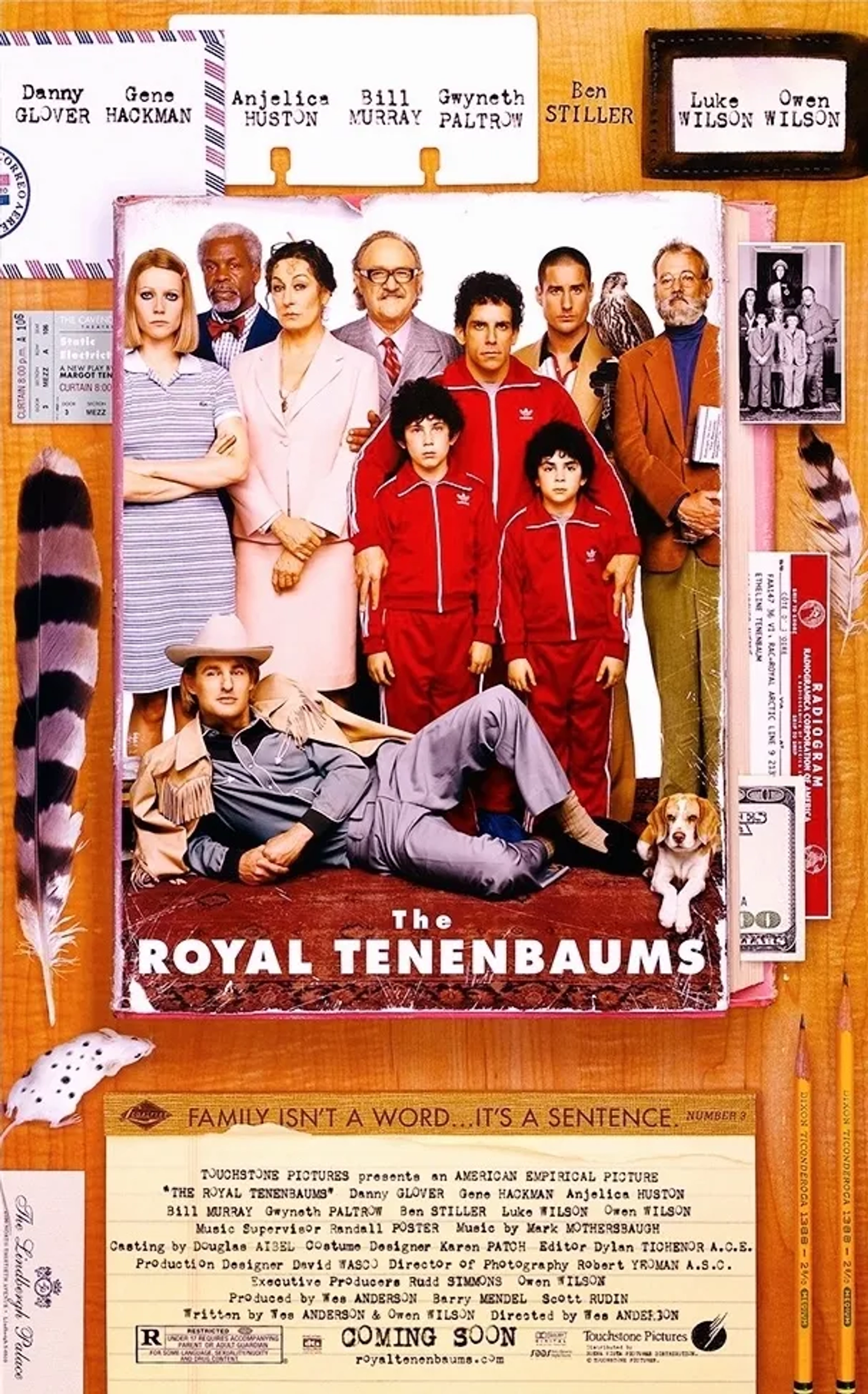 Bill Murray, Danny Glover, Gene Hackman, Gwyneth Paltrow, Anjelica Huston, Ben Stiller, Luke Wilson, Owen Wilson, Jonah Meyerson, and Grant Rosenmeyer in The Royal Tenenbaums (2001)