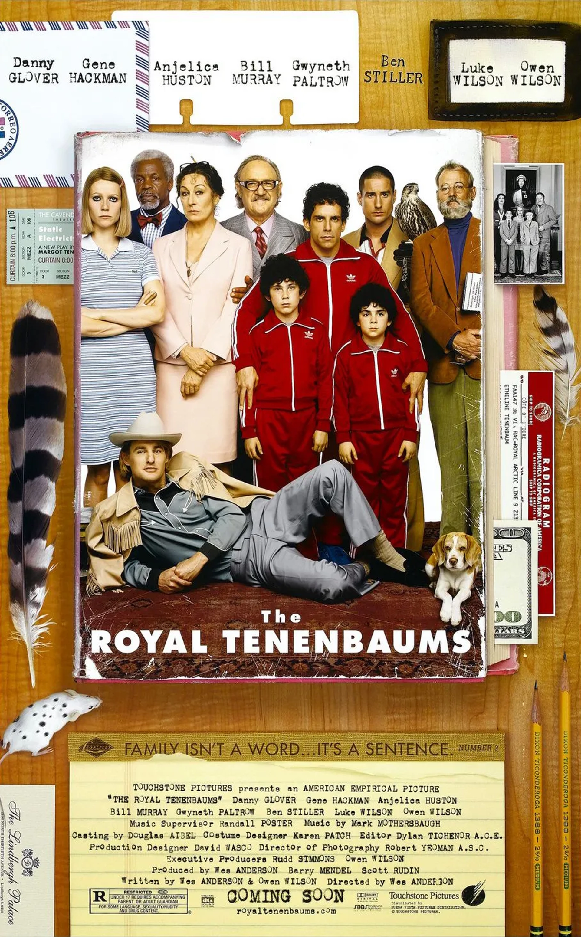 Bill Murray, Danny Glover, Gene Hackman, Gwyneth Paltrow, Anjelica Huston, Ben Stiller, Luke Wilson, Owen Wilson, Jonah Meyerson, and Grant Rosenmeyer in The Royal Tenenbaums (2001)