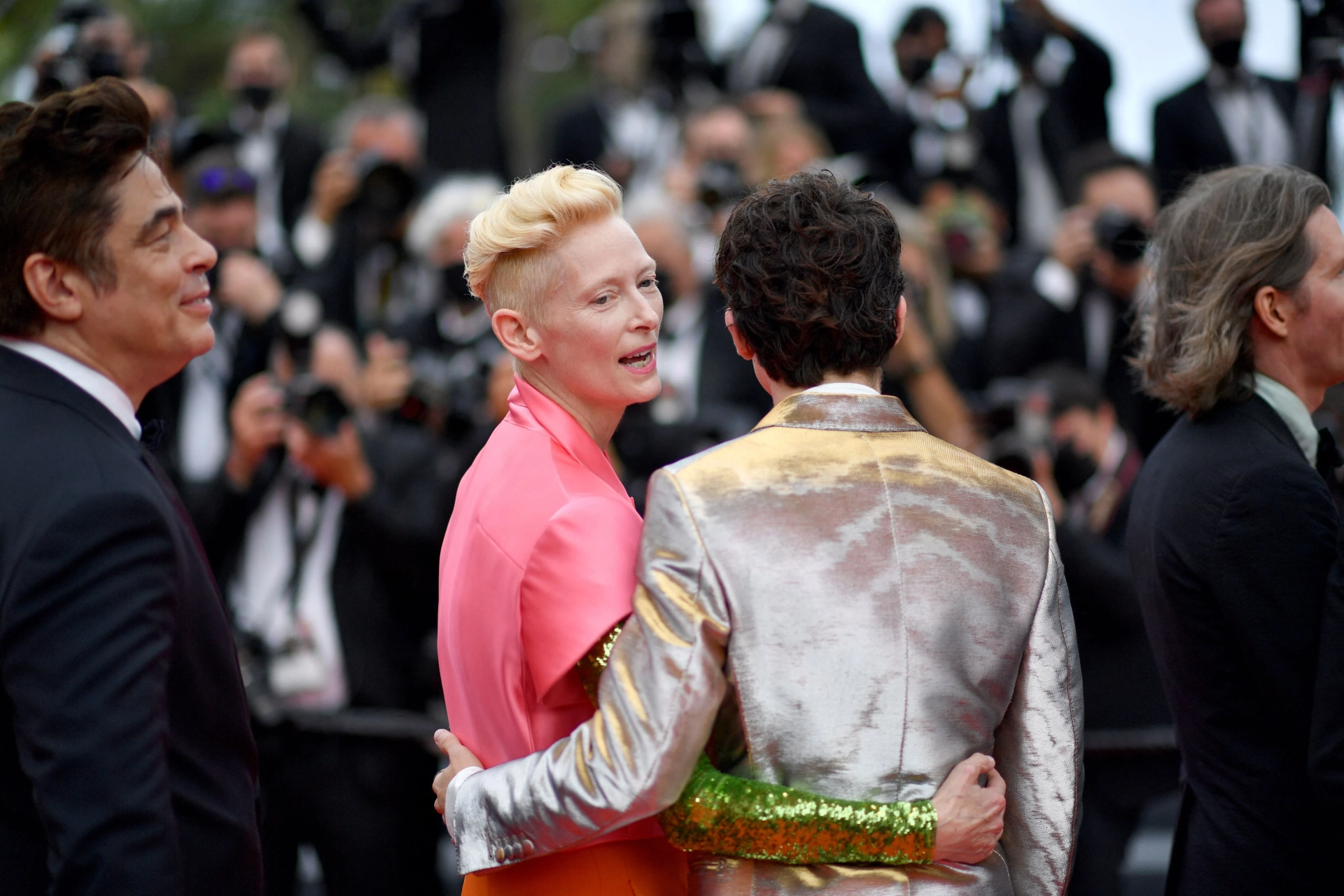 Benicio Del Toro, Tilda Swinton, and Timothée Chalamet at an event for The French Dispatch (2021)