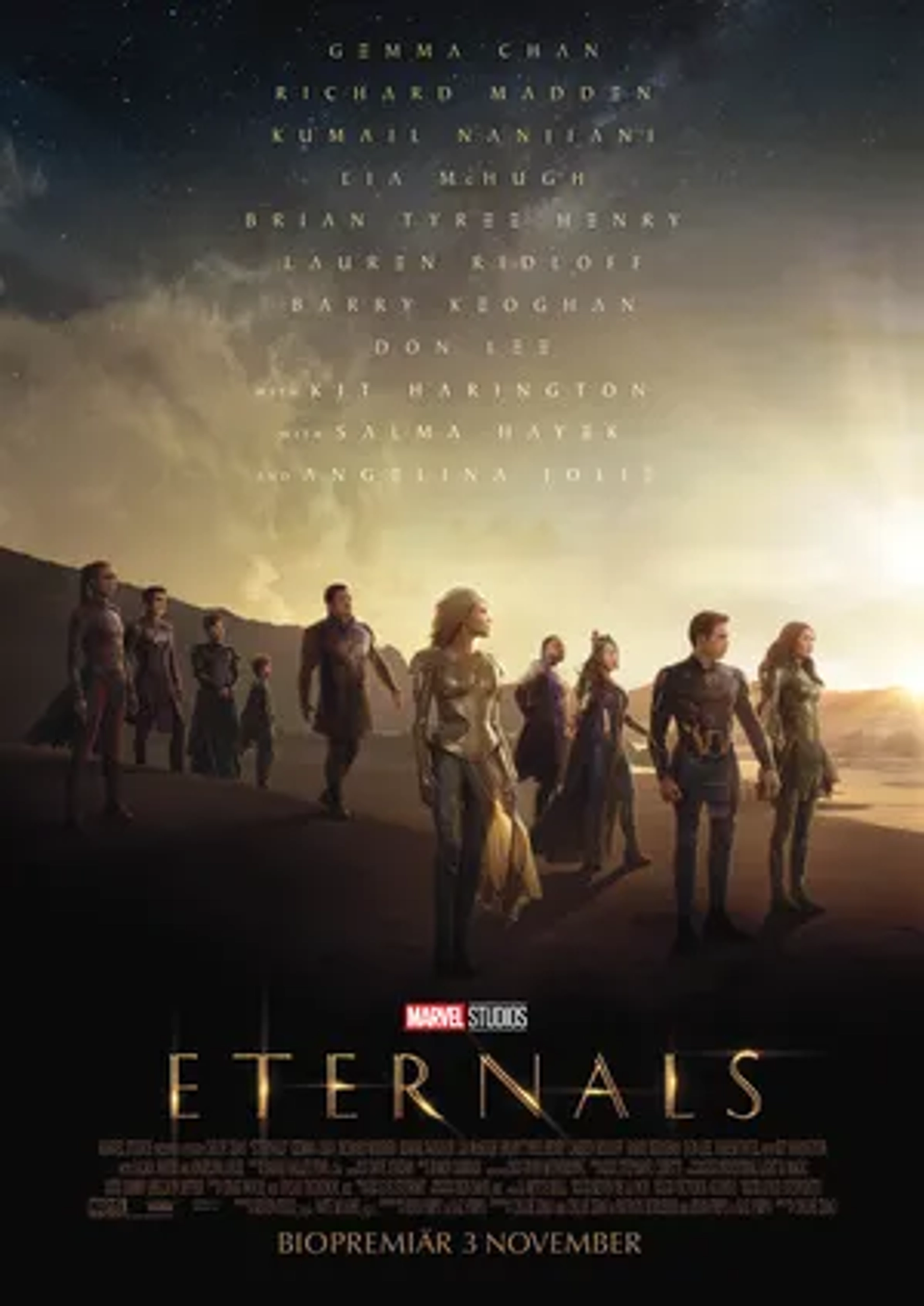 Salma Hayek, Angelina Jolie, Richard Madden, Gemma Chan, Ma Dong-seok, Brian Tyree Henry, Kumail Nanjiani, Lauren Ridloff, and Lia McHugh in Eternals (2021)