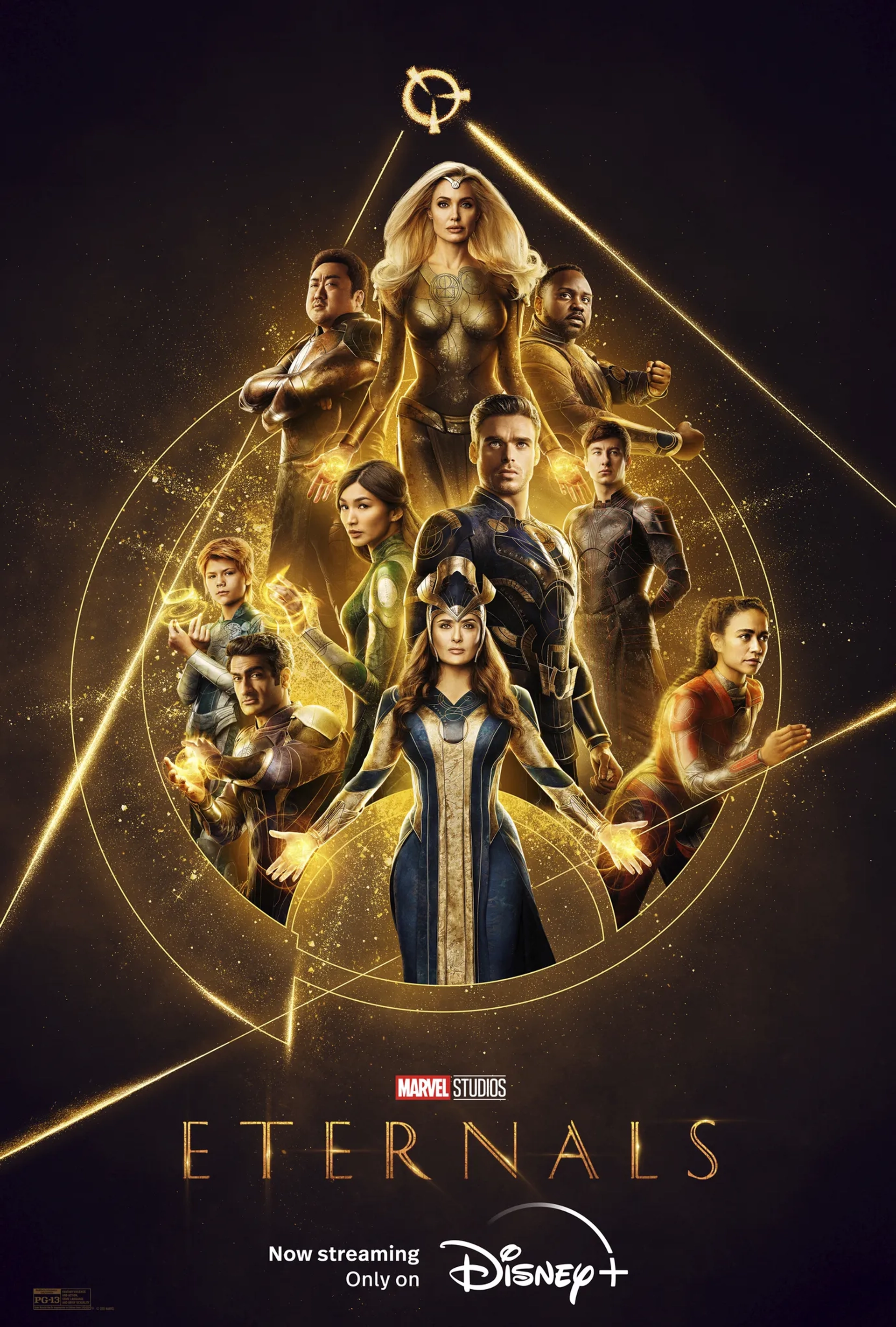 Salma Hayek, Angelina Jolie, Richard Madden, Gemma Chan, Ma Dong-seok, Brian Tyree Henry, Kumail Nanjiani, Lauren Ridloff, Barry Keoghan, and Lia McHugh in Eternals (2021)